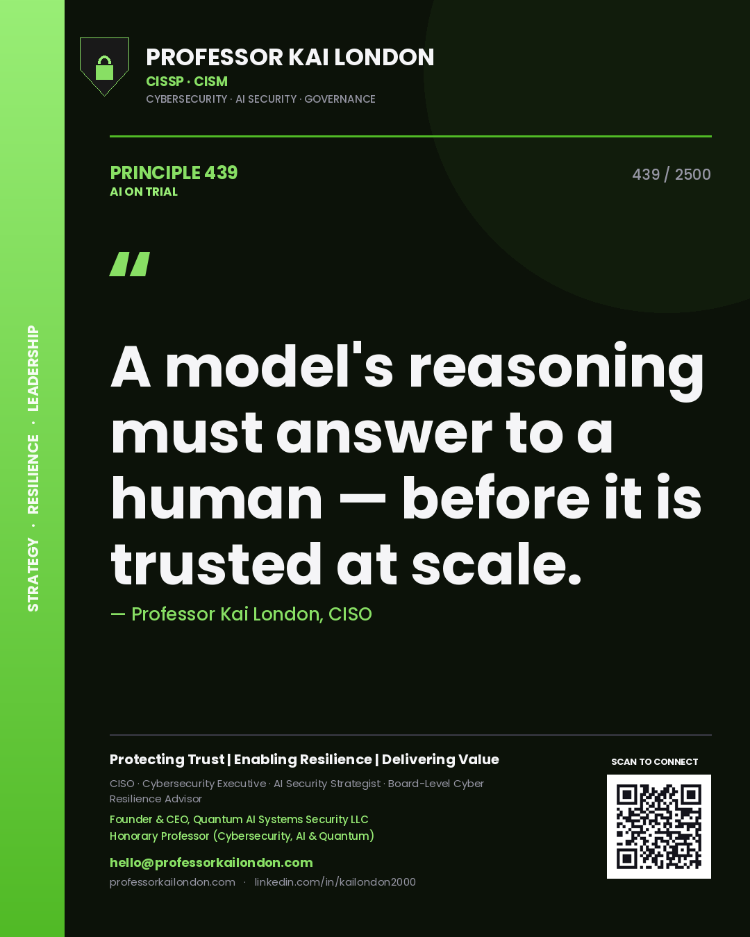 Professor Kai London principle 439: A model's reasoning must answer to a human — before it is trusted at scale.