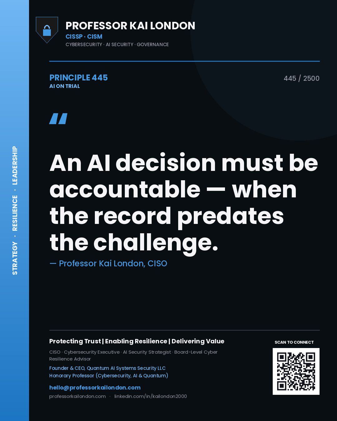 Professor Kai London principle 445: An AI decision must be accountable — when the record predates the challenge.