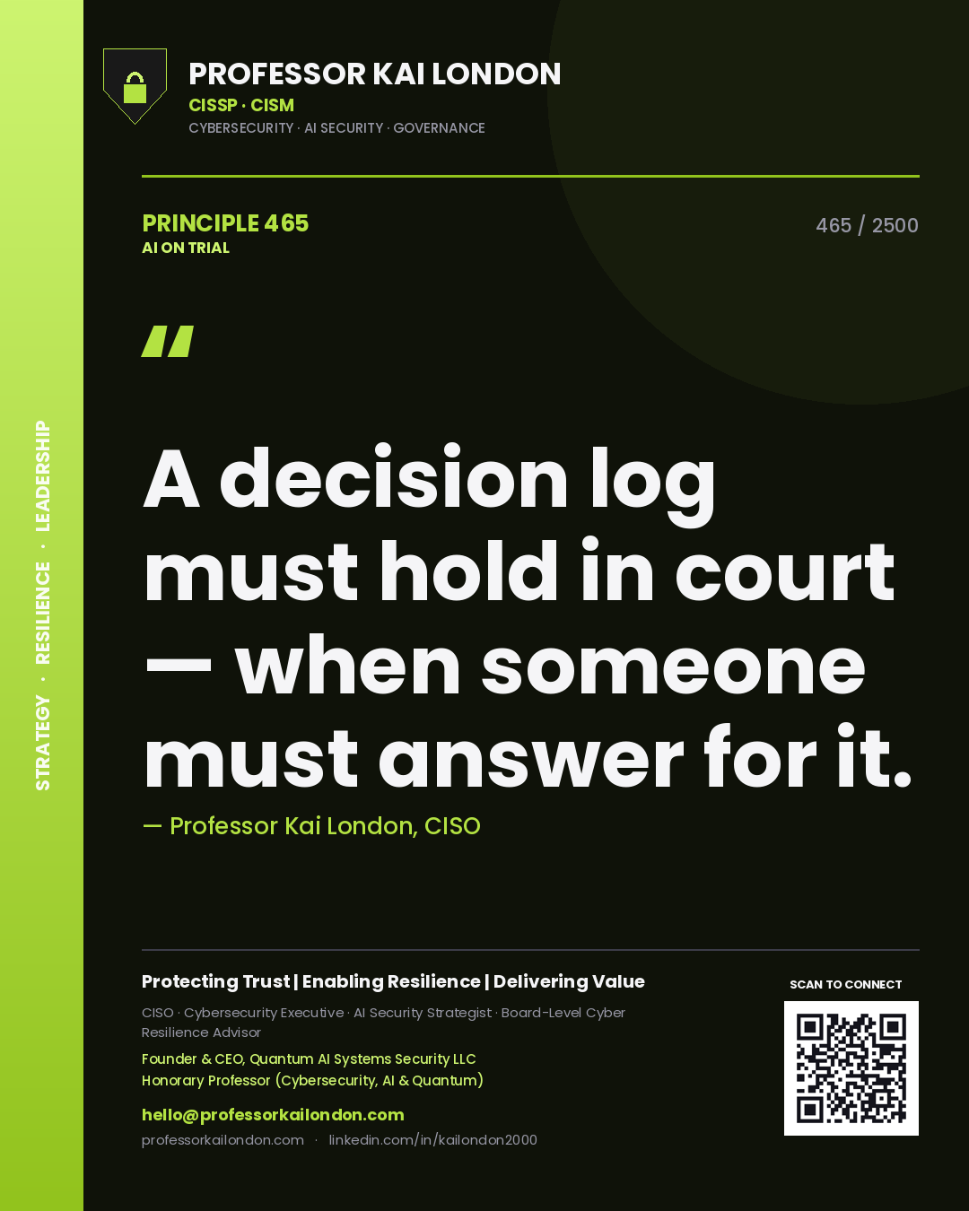 Professor Kai London principle 465: A decision log must hold in court — when someone must answer for it.