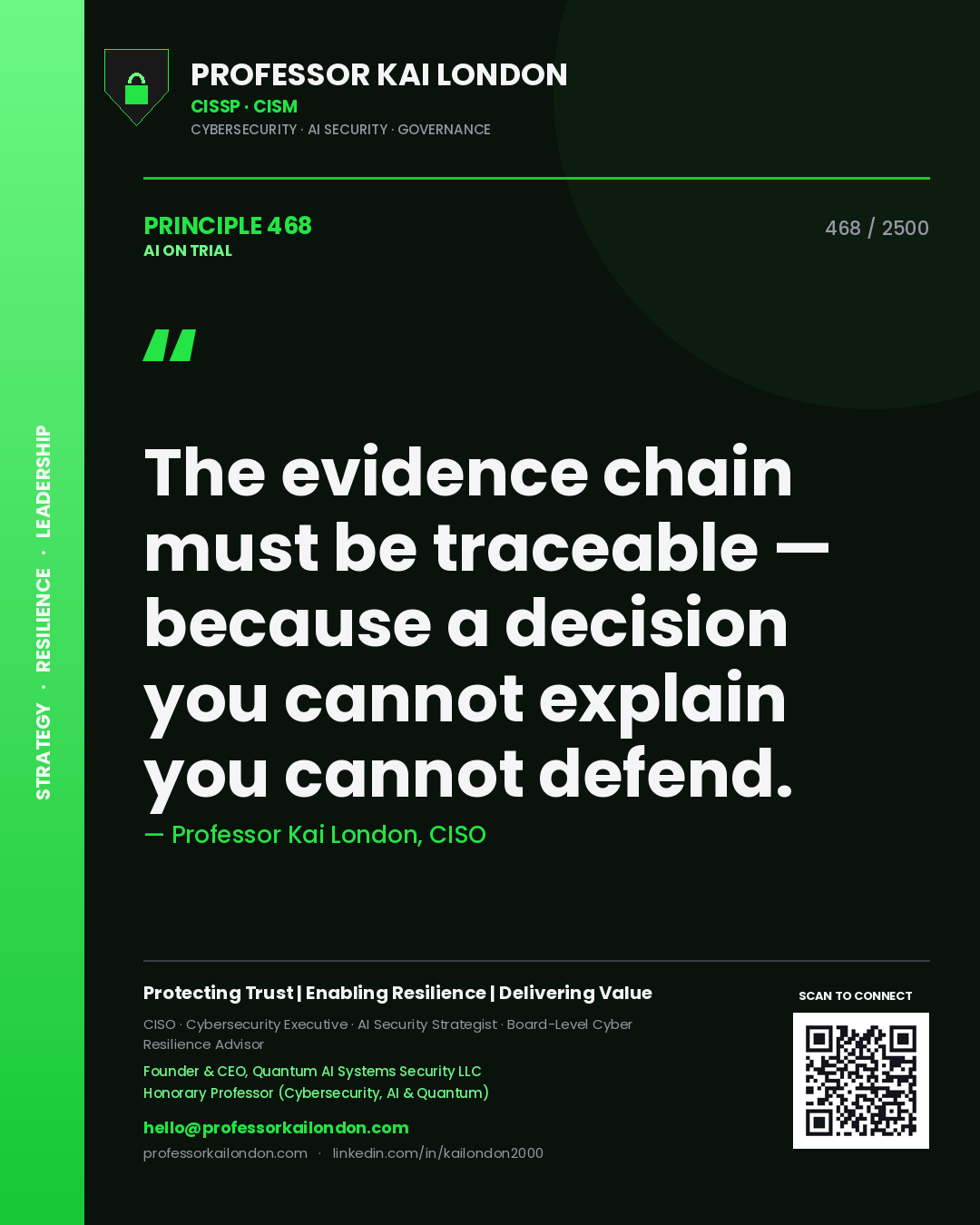 Professor Kai London principle 468: The evidence chain must be traceable — because a decision you cannot explain you cannot defend.