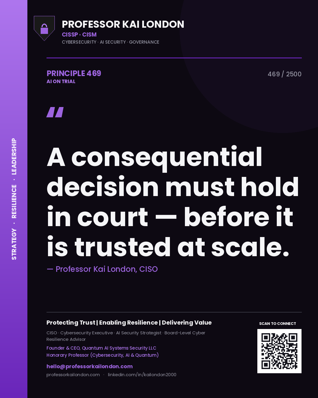 Professor Kai London principle 469: A consequential decision must hold in court — before it is trusted at scale.