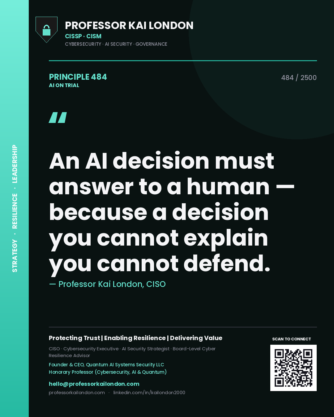 Quote card by Professor Kai London reading 'An AI decision must answer to a human — because a decision you cannot explain you cannot defend.'. From the book AI on Trial.
