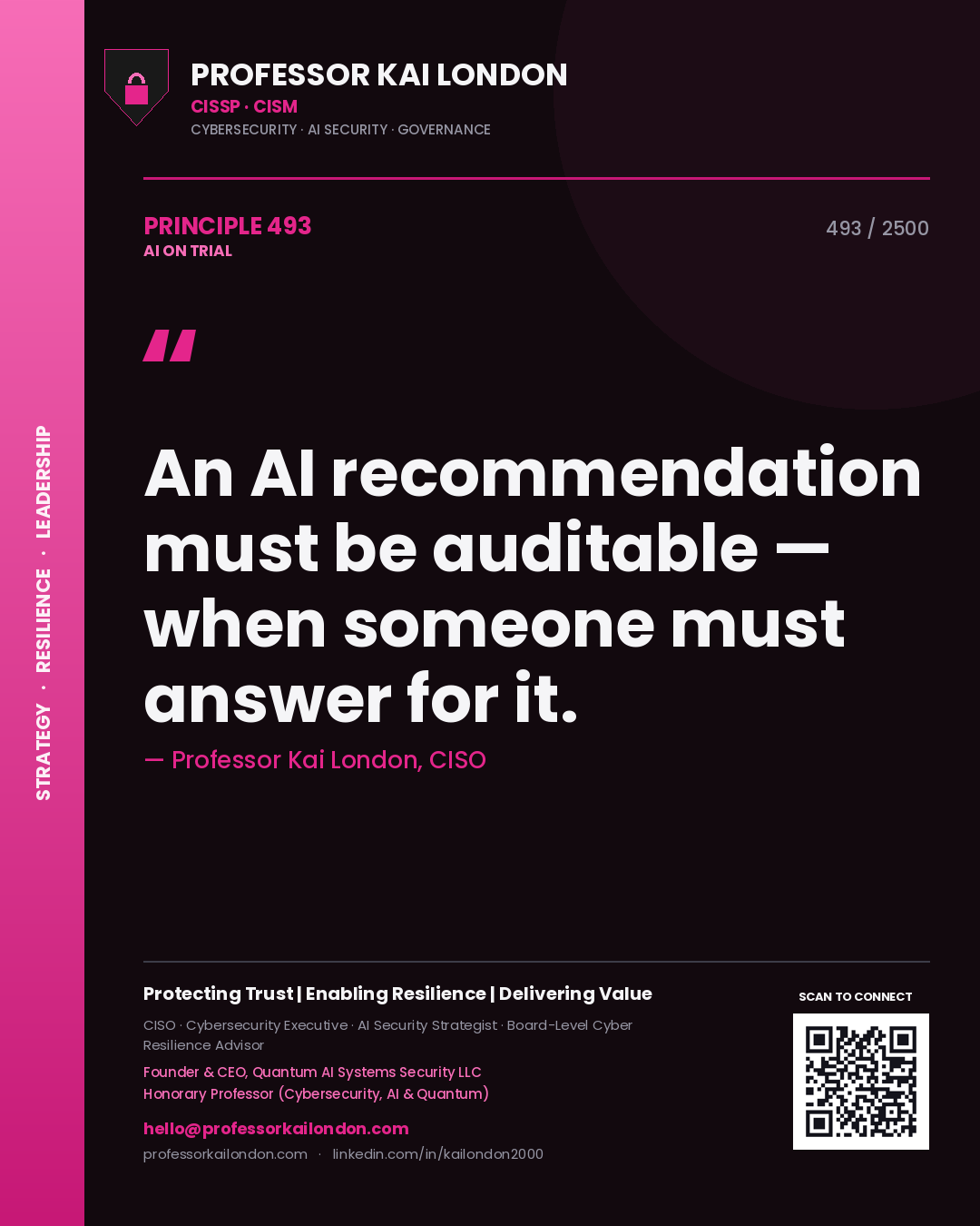 Professor Kai London principle 493: An AI recommendation must be auditable — when someone must answer for it.