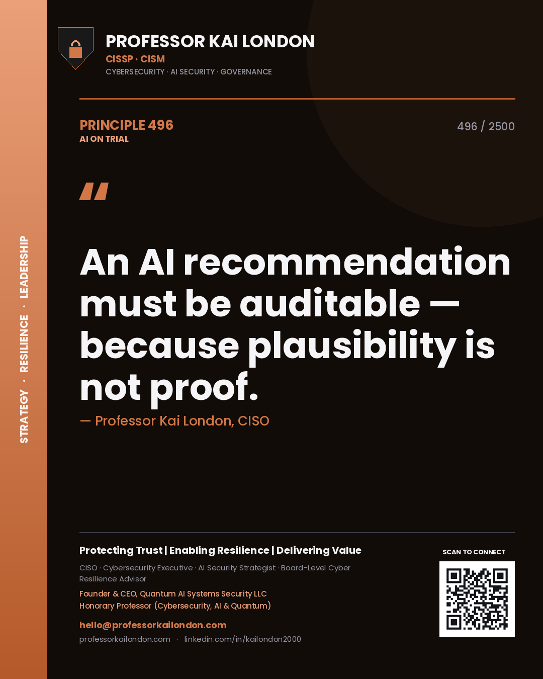 Professor Kai London principle 496: An AI recommendation must be auditable — because plausibility is not proof.