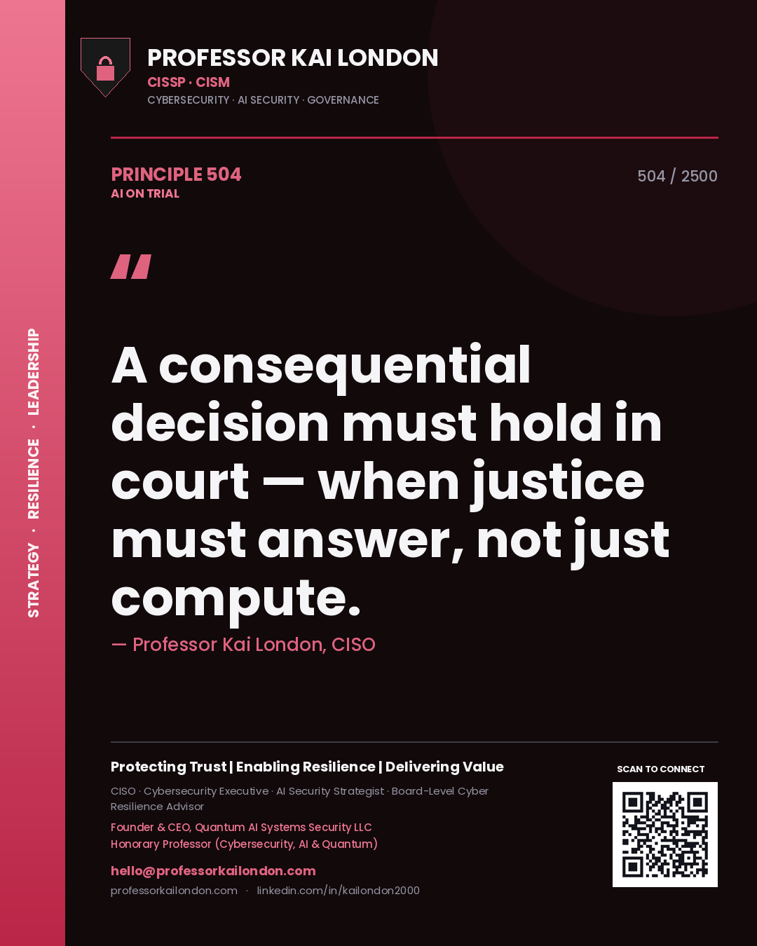 Quote card by Professor Kai London reading 'A consequential decision must hold in court — when justice must answer, not just compute.'. From the book AI on Trial.
