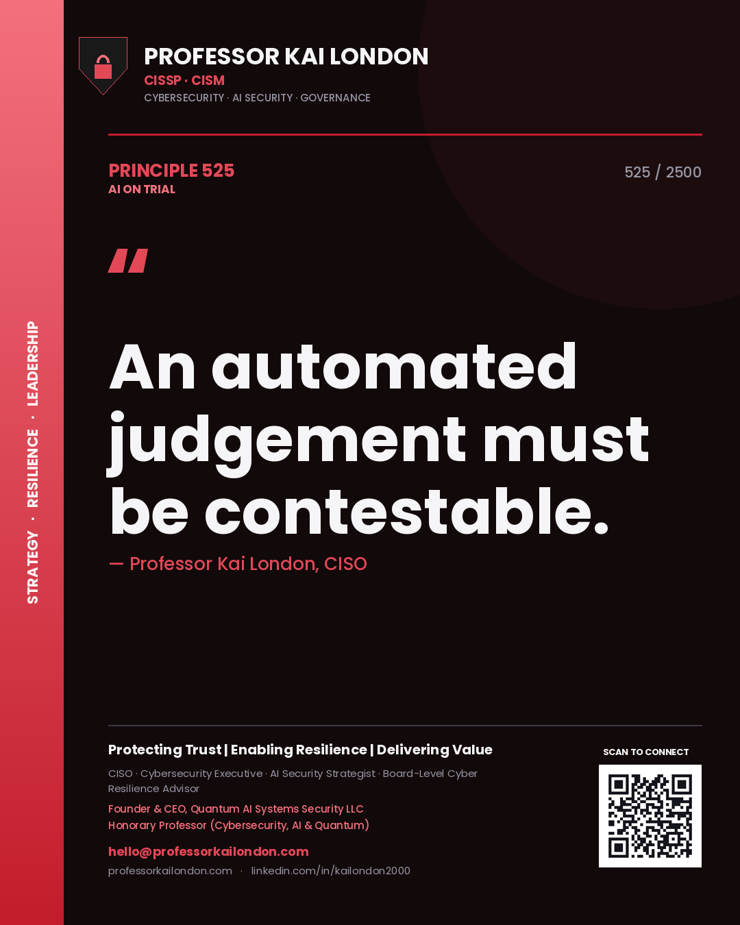 Quote card by Professor Kai London reading 'An automated judgement must be contestable.'. From the book AI on Trial.