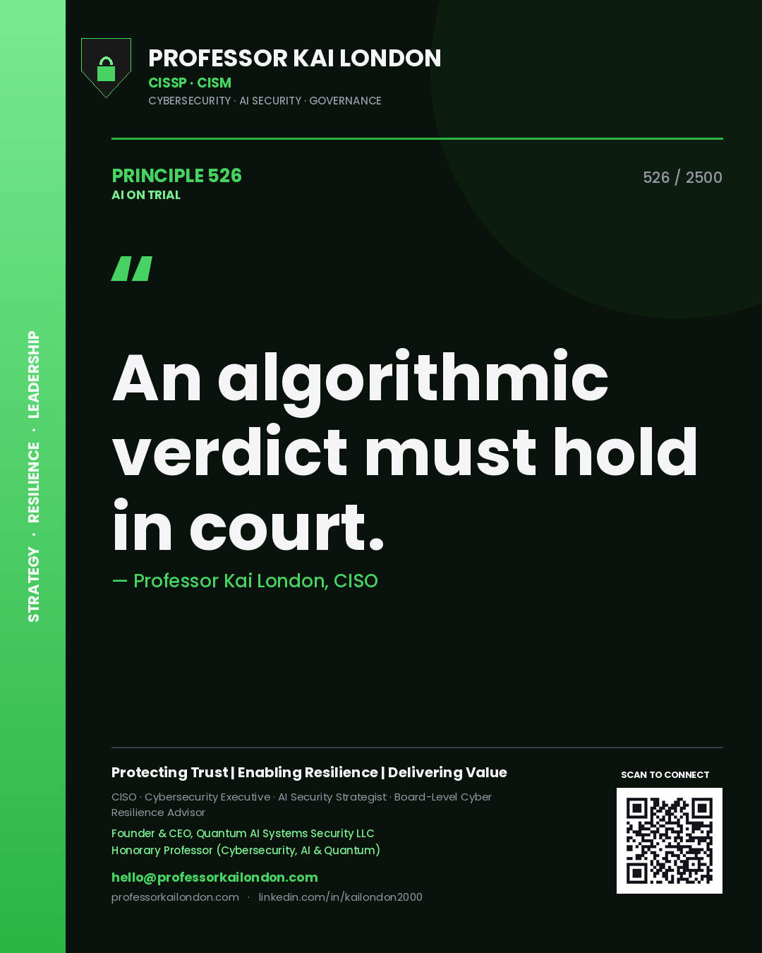 Quote card by Professor Kai London reading 'An algorithmic verdict must hold in court.'. From the book AI on Trial.