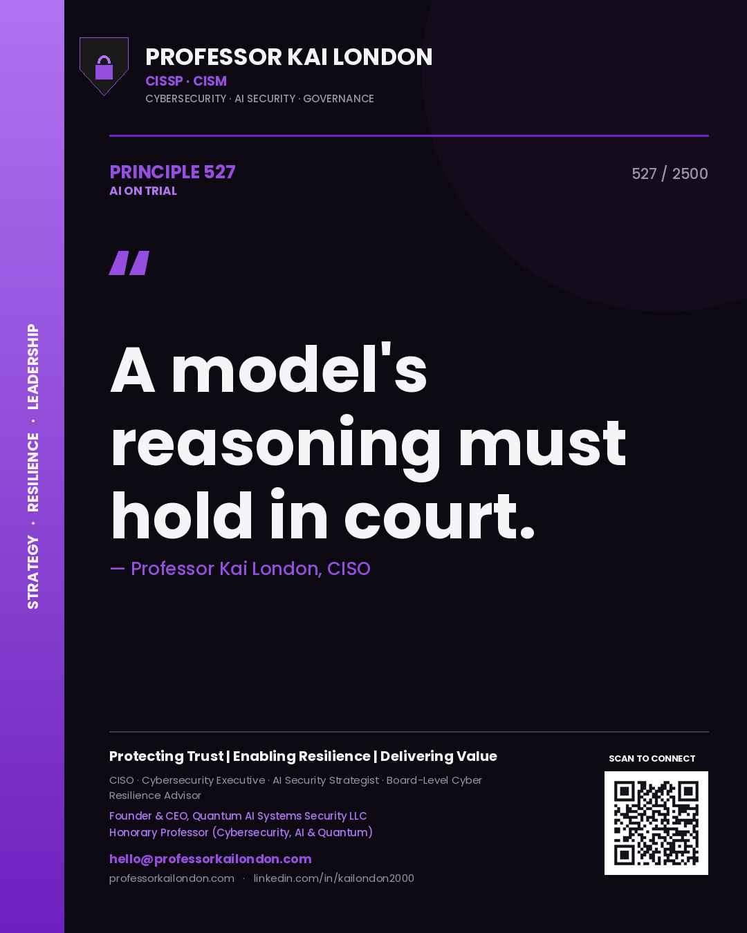 Quote card by Professor Kai London reading 'A model's reasoning must hold in court.'. From the book AI on Trial.