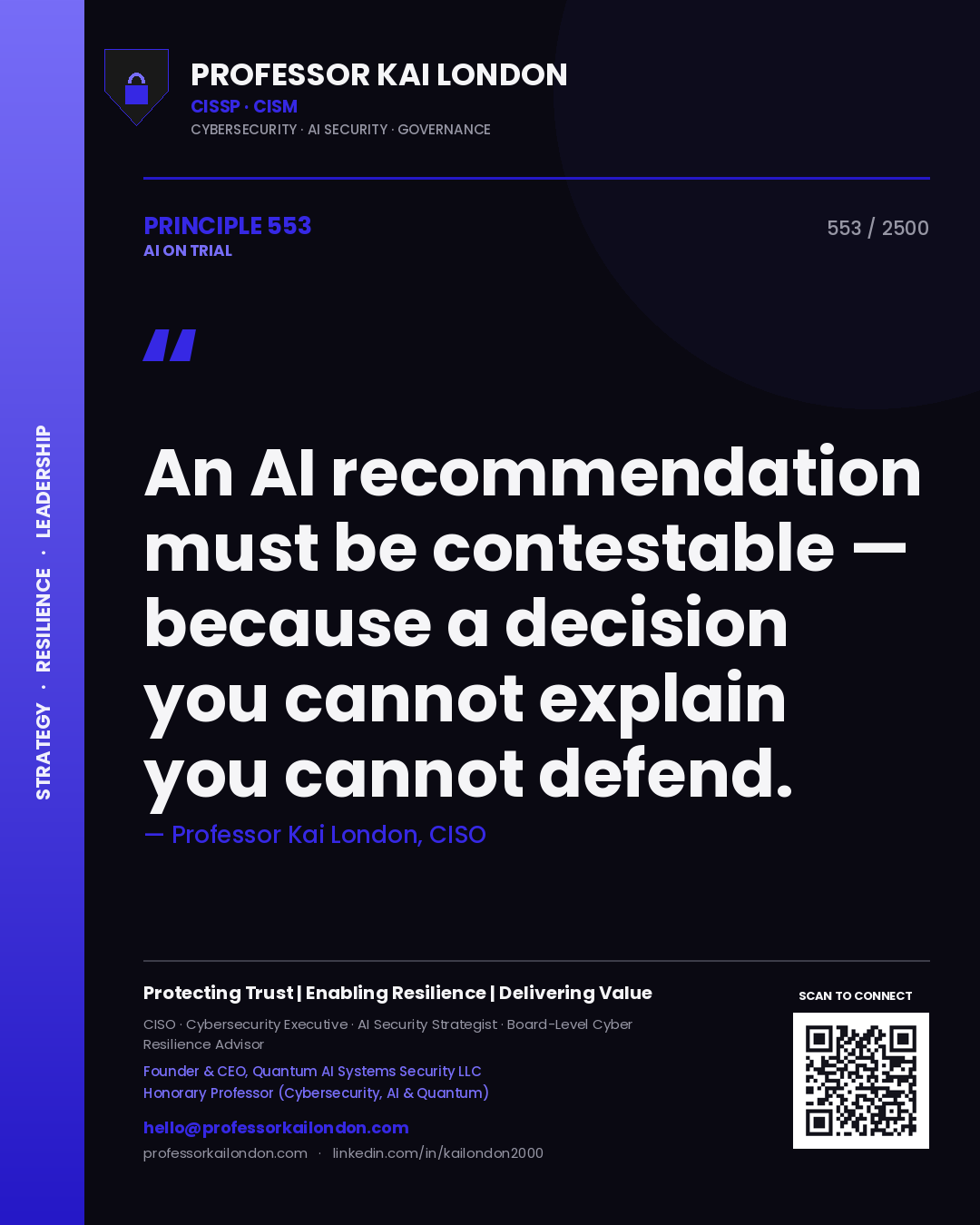 Professor Kai London principle 553: An AI recommendation must be contestable — because a decision you cannot explain you cannot defend.