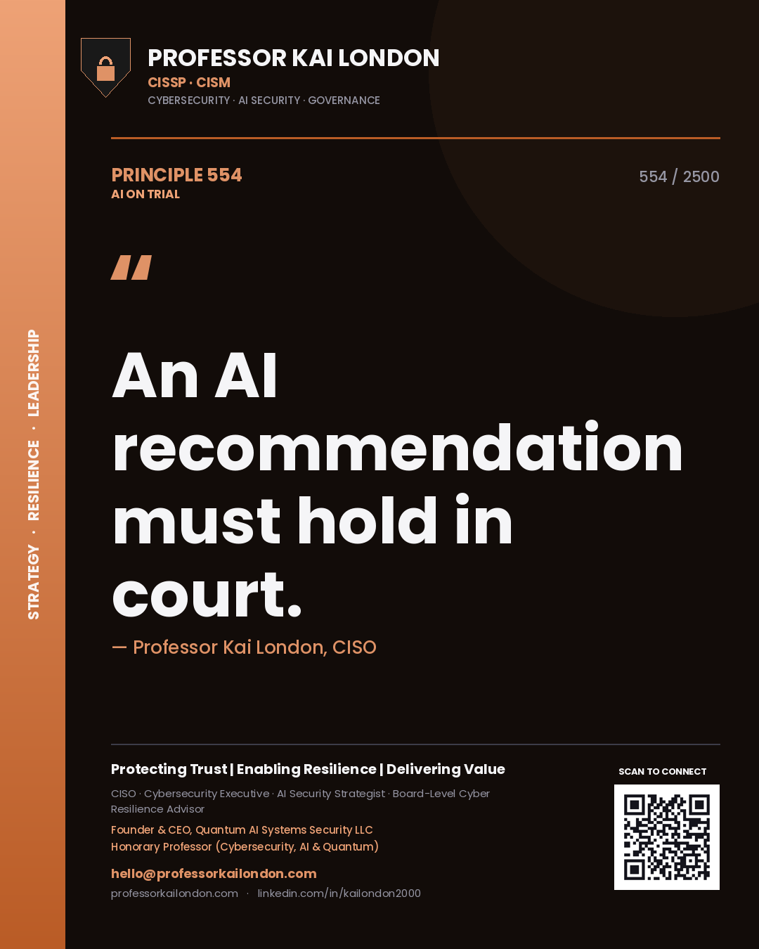 Quote card by Professor Kai London reading 'An AI recommendation must hold in court.'. From the book AI on Trial.