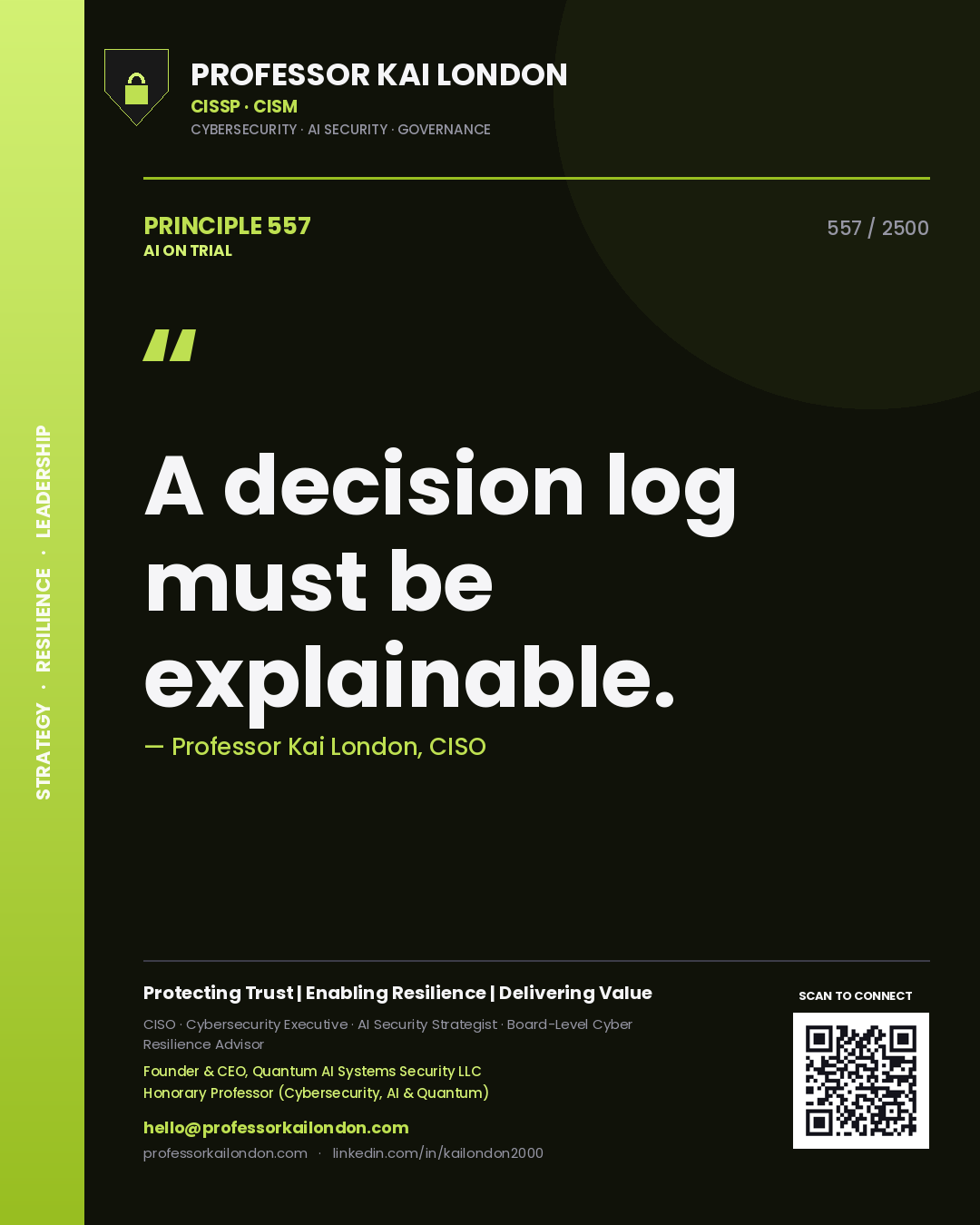 Quote card by Professor Kai London reading 'A decision log must be explainable.'. From the book AI on Trial.