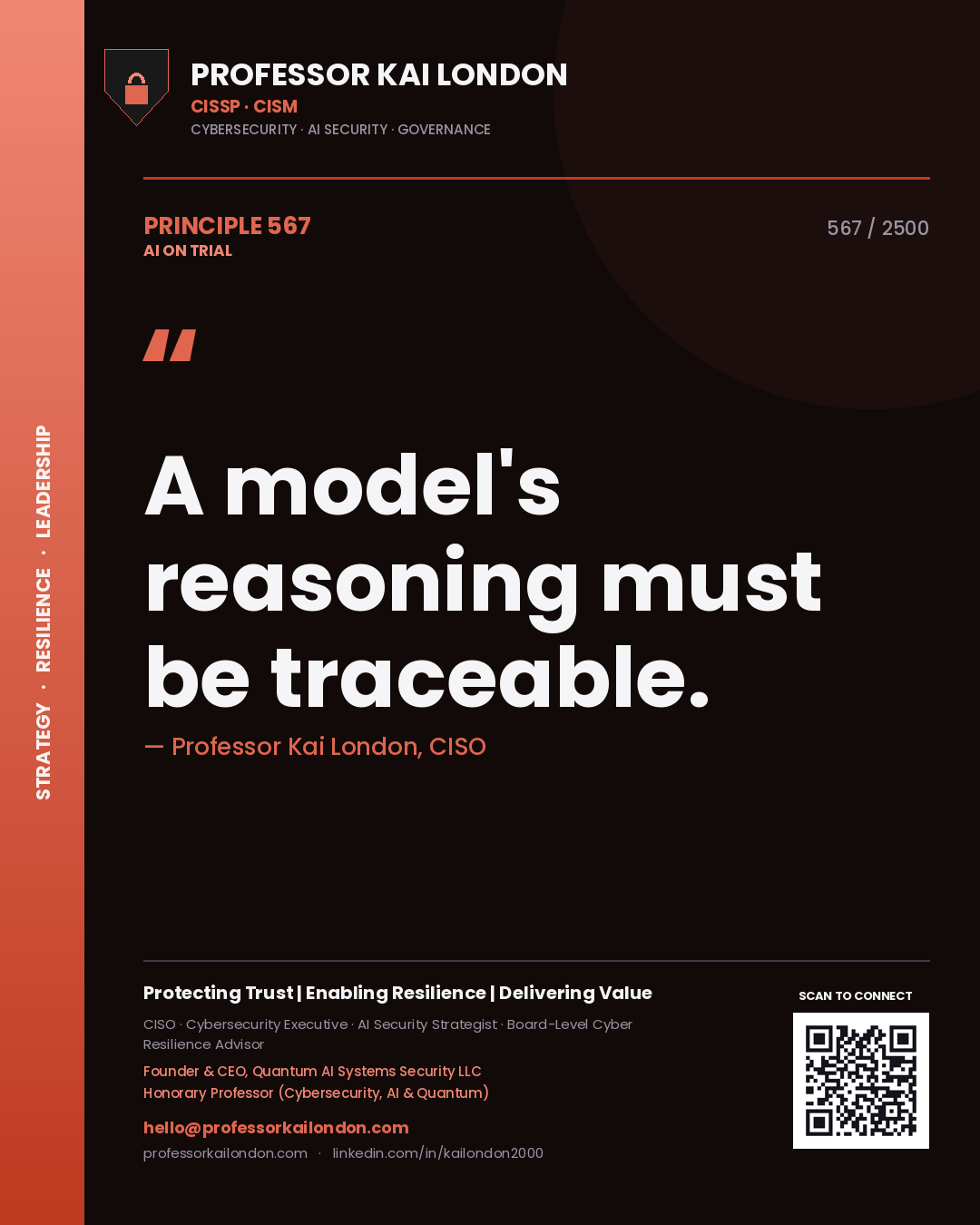 Quote card by Professor Kai London reading 'A model's reasoning must be traceable.'. From the book AI on Trial.