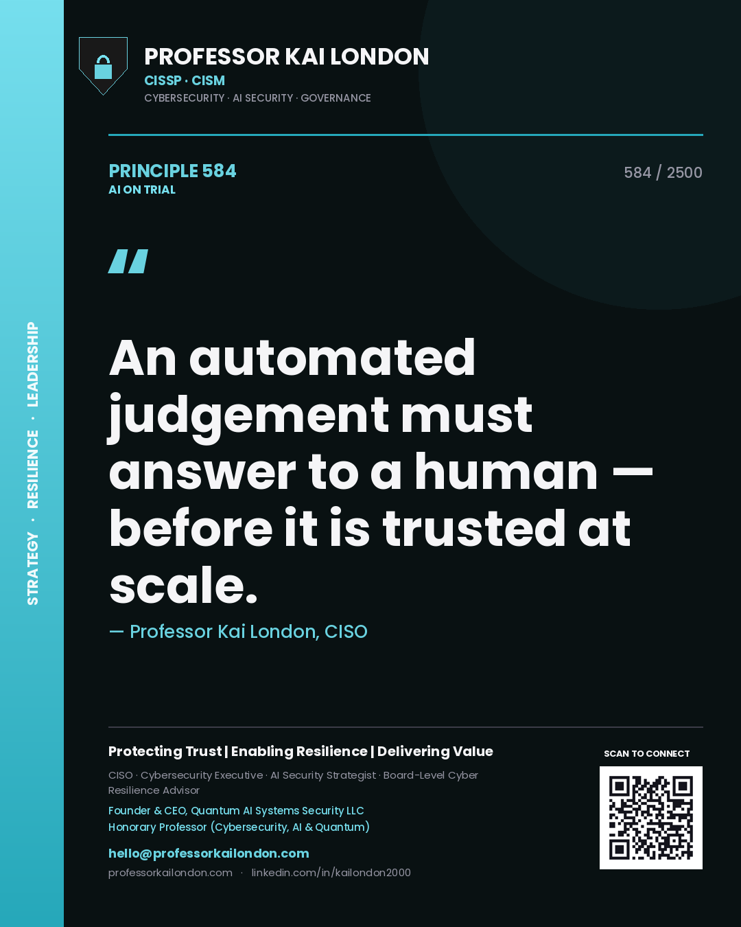 Quote card by Professor Kai London reading 'An automated judgement must answer to a human — before it is trusted at scale.'. From the book AI on Trial.