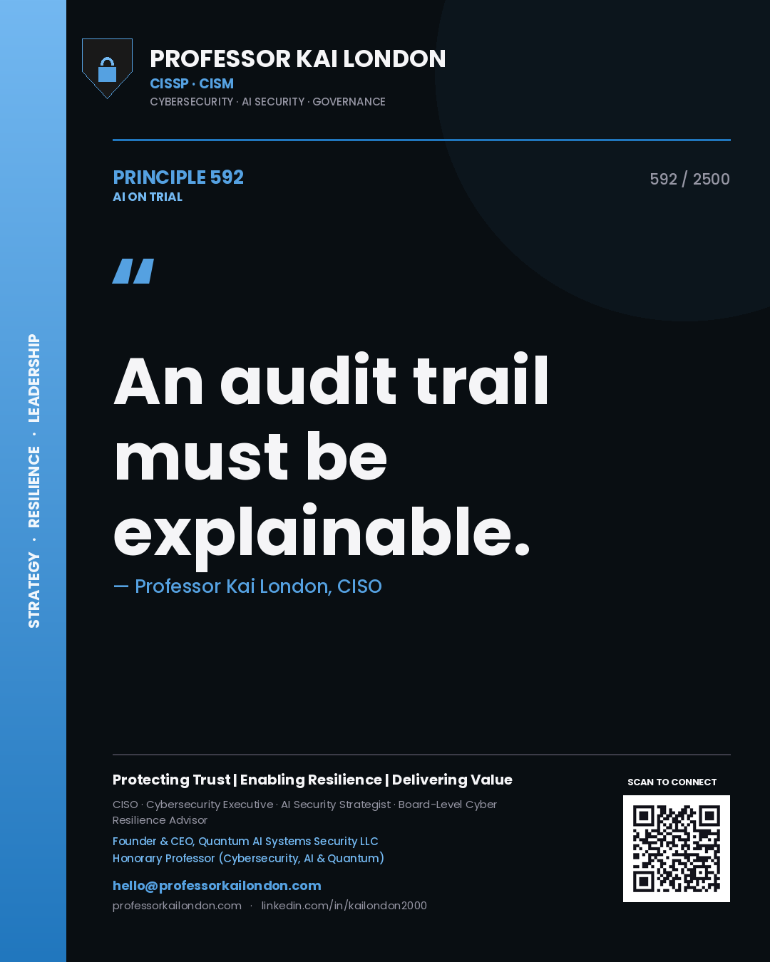 Quote card by Professor Kai London reading 'An audit trail must be explainable.'. From the book AI on Trial.