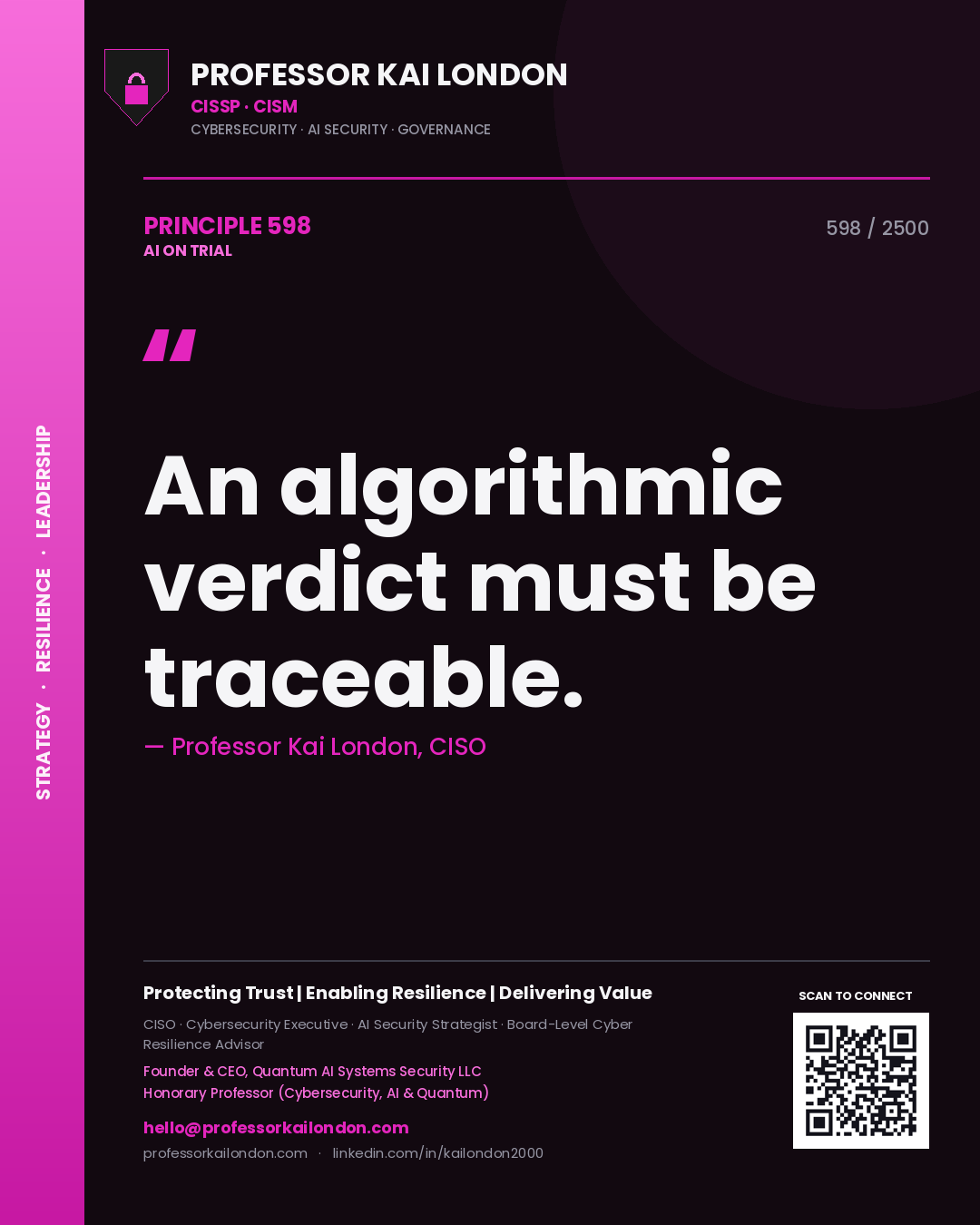 Quote card by Professor Kai London reading 'An algorithmic verdict must be traceable.'. From the book AI on Trial.