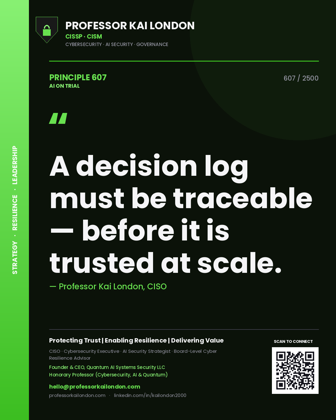 Quote card by Professor Kai London reading 'A decision log must be traceable — before it is trusted at scale.'. From the book AI on Trial.