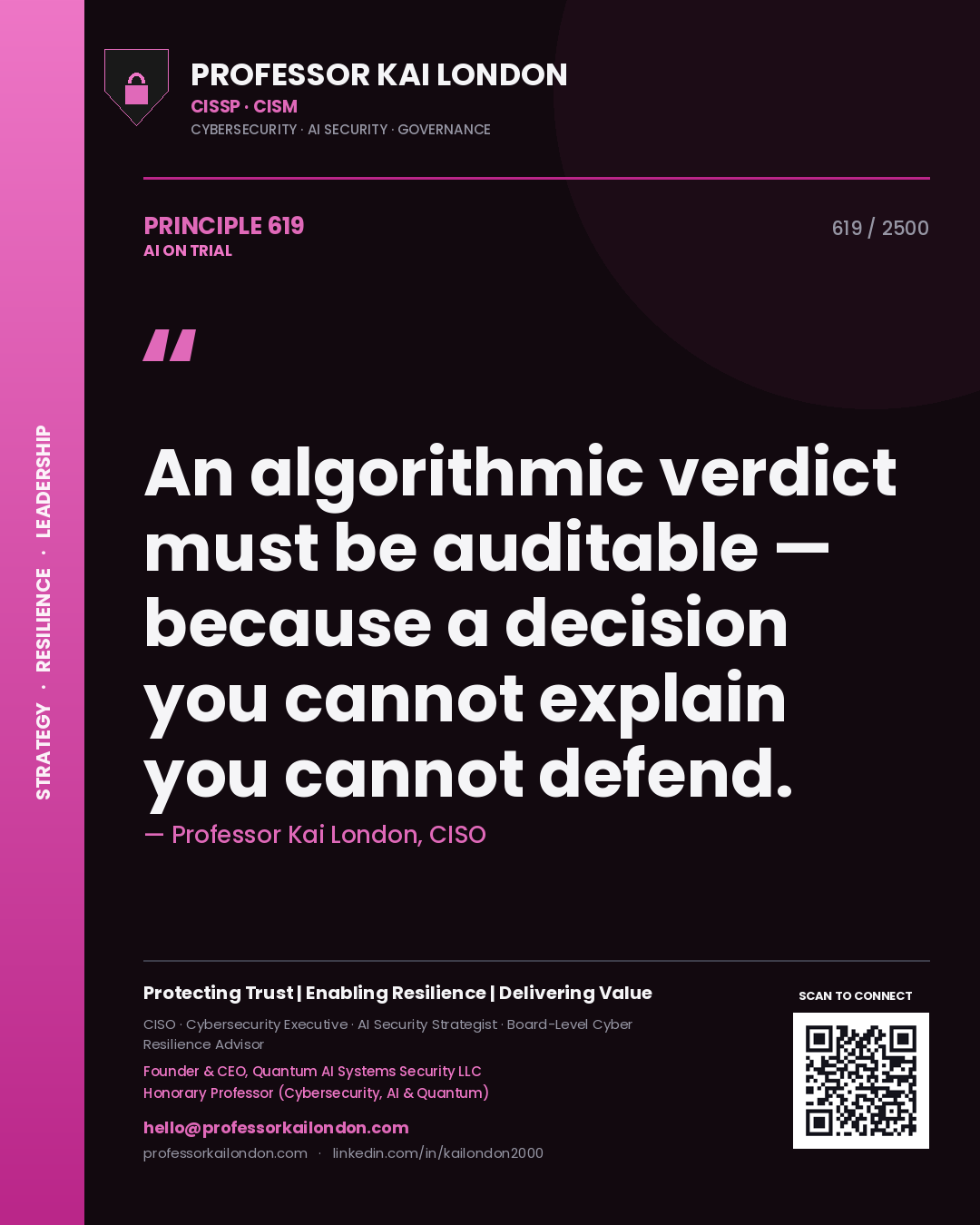 Professor Kai London principle 619: An algorithmic verdict must be auditable — because a decision you cannot explain you cannot defend.