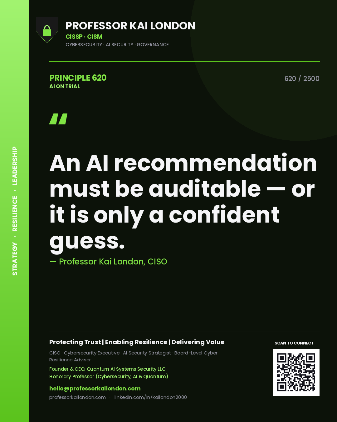 Professor Kai London principle 620: An AI recommendation must be auditable — or it is only a confident guess.