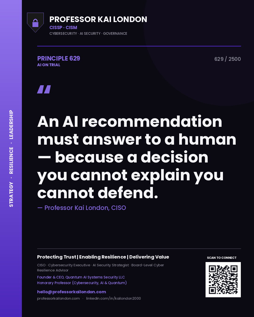 Quote card by Professor Kai London reading 'An AI recommendation must answer to a human — because a decision you cannot explain you cannot defend.'. From the book AI on Trial.