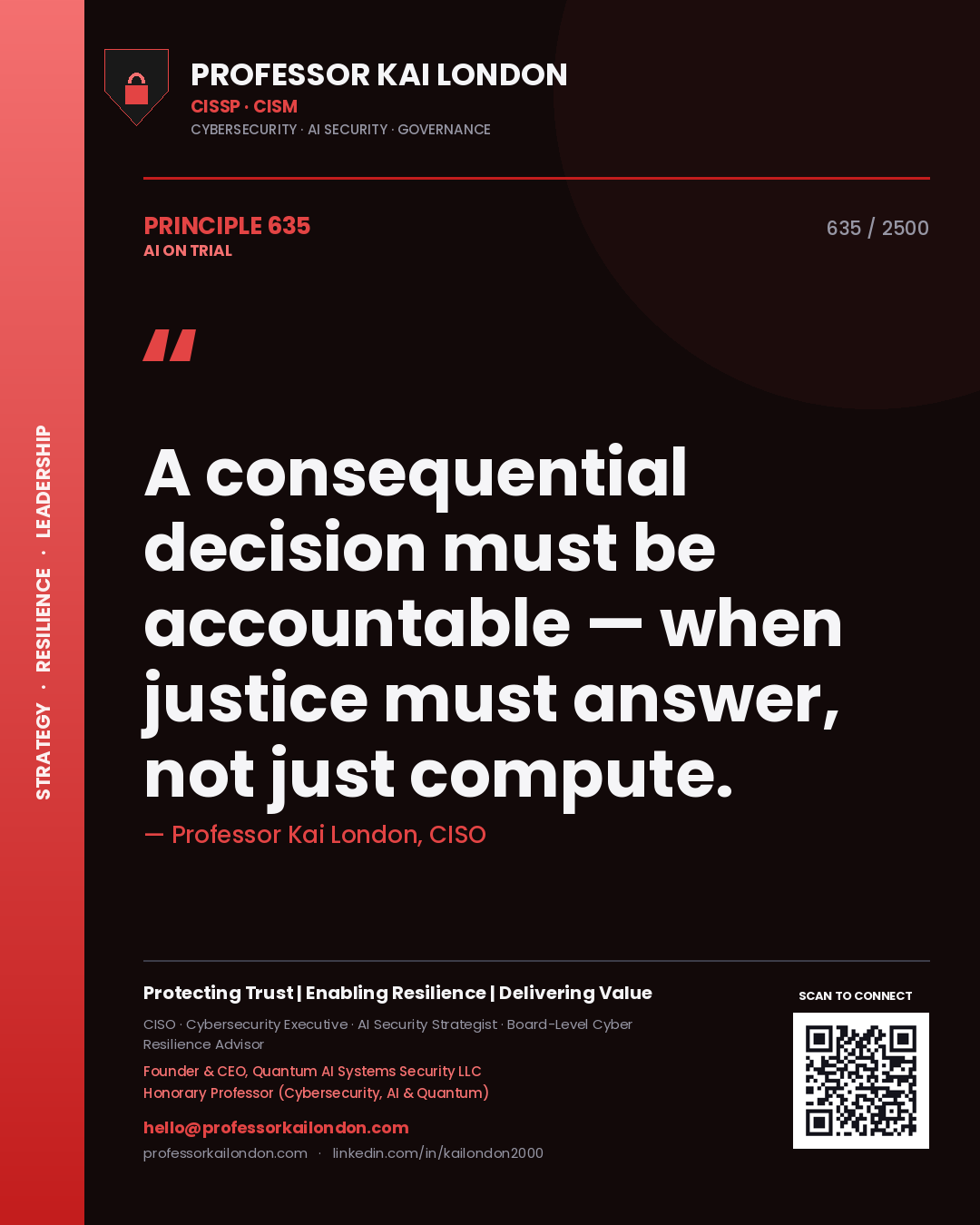 Professor Kai London principle 635: A consequential decision must be accountable — when justice must answer, not just compute.