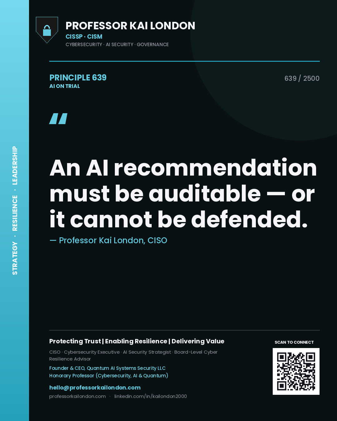 Professor Kai London principle 639: An AI recommendation must be auditable — or it cannot be defended.