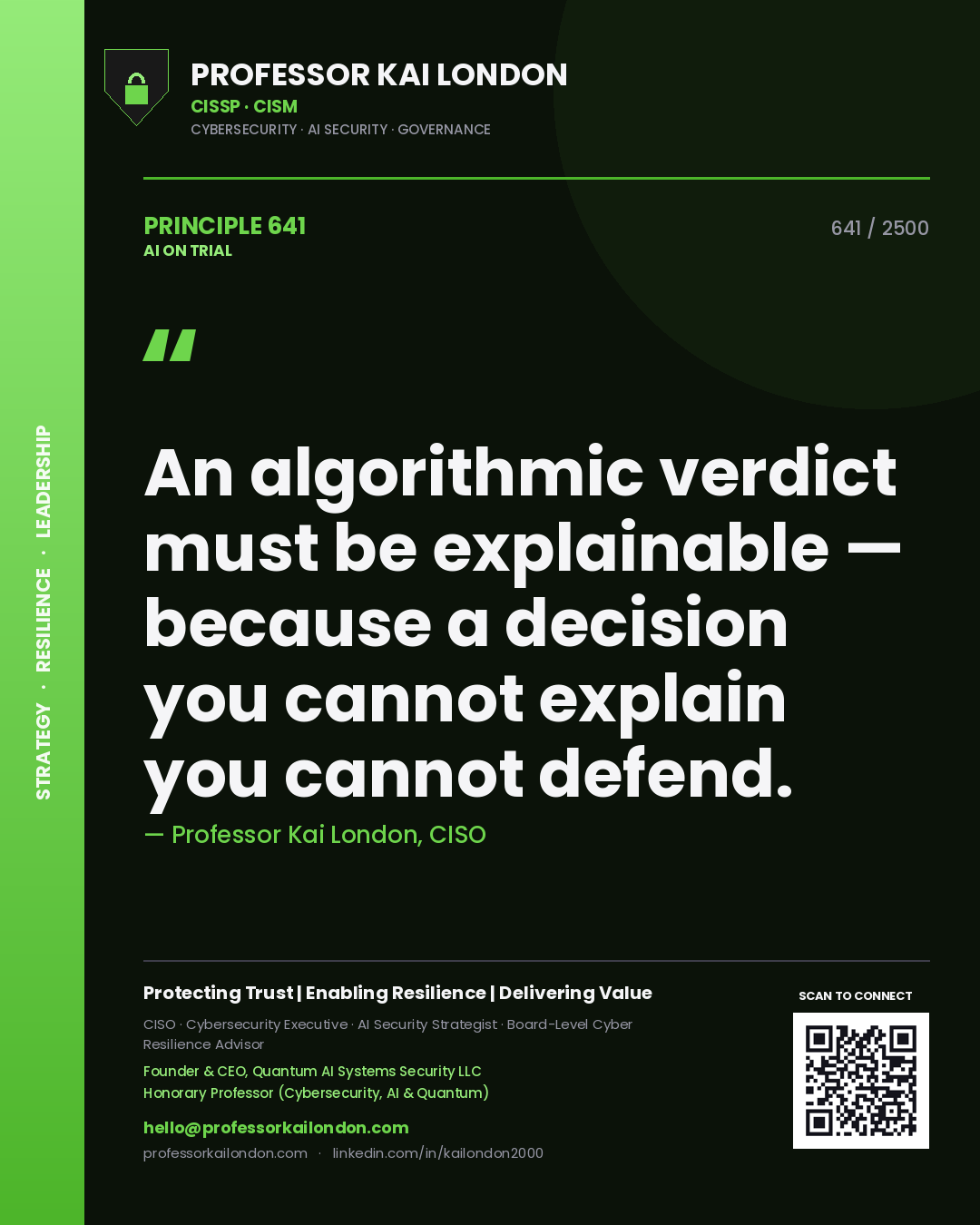 Professor Kai London principle 641: An algorithmic verdict must be explainable — because a decision you cannot explain you cannot defend.