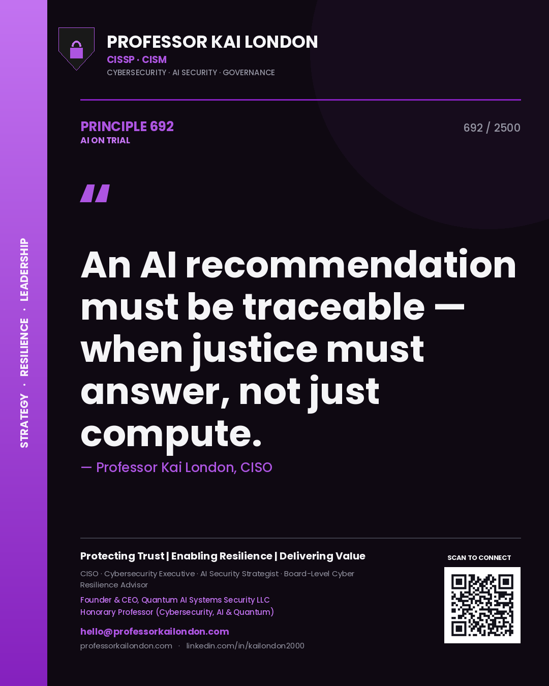 Professor Kai London principle 692: An AI recommendation must be traceable — when justice must answer, not just compute.