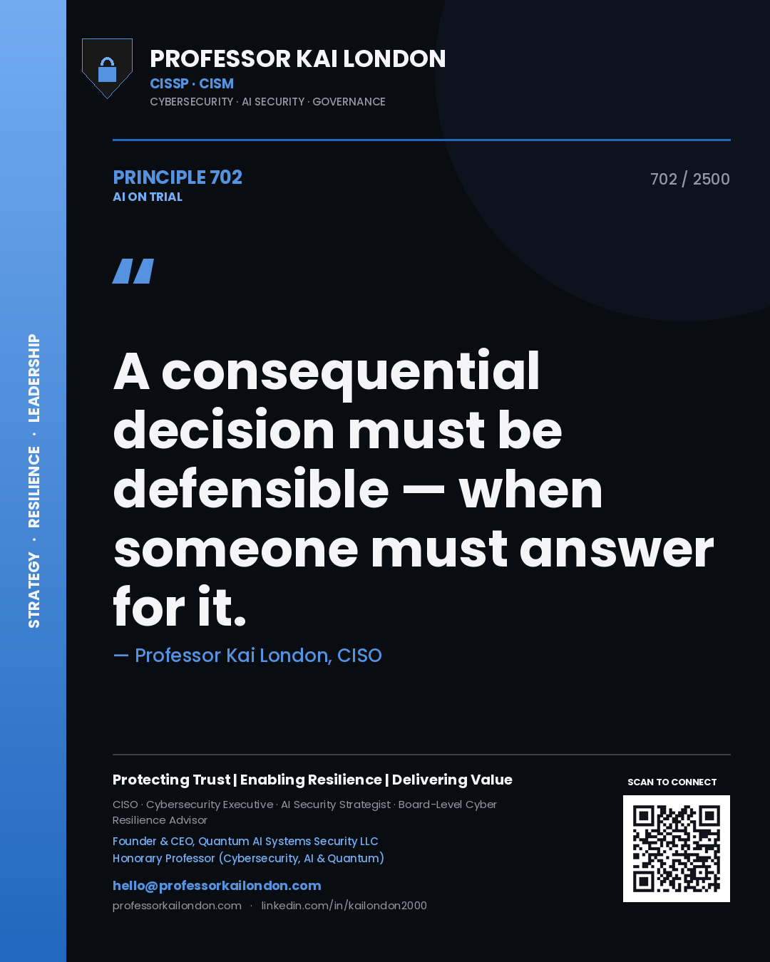 Professor Kai London principle 702: A consequential decision must be defensible — when someone must answer for it.