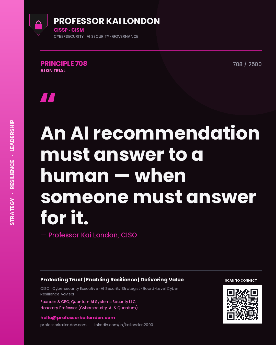 Quote card by Professor Kai London reading 'An AI recommendation must answer to a human — when someone must answer for it.'. From the book AI on Trial.