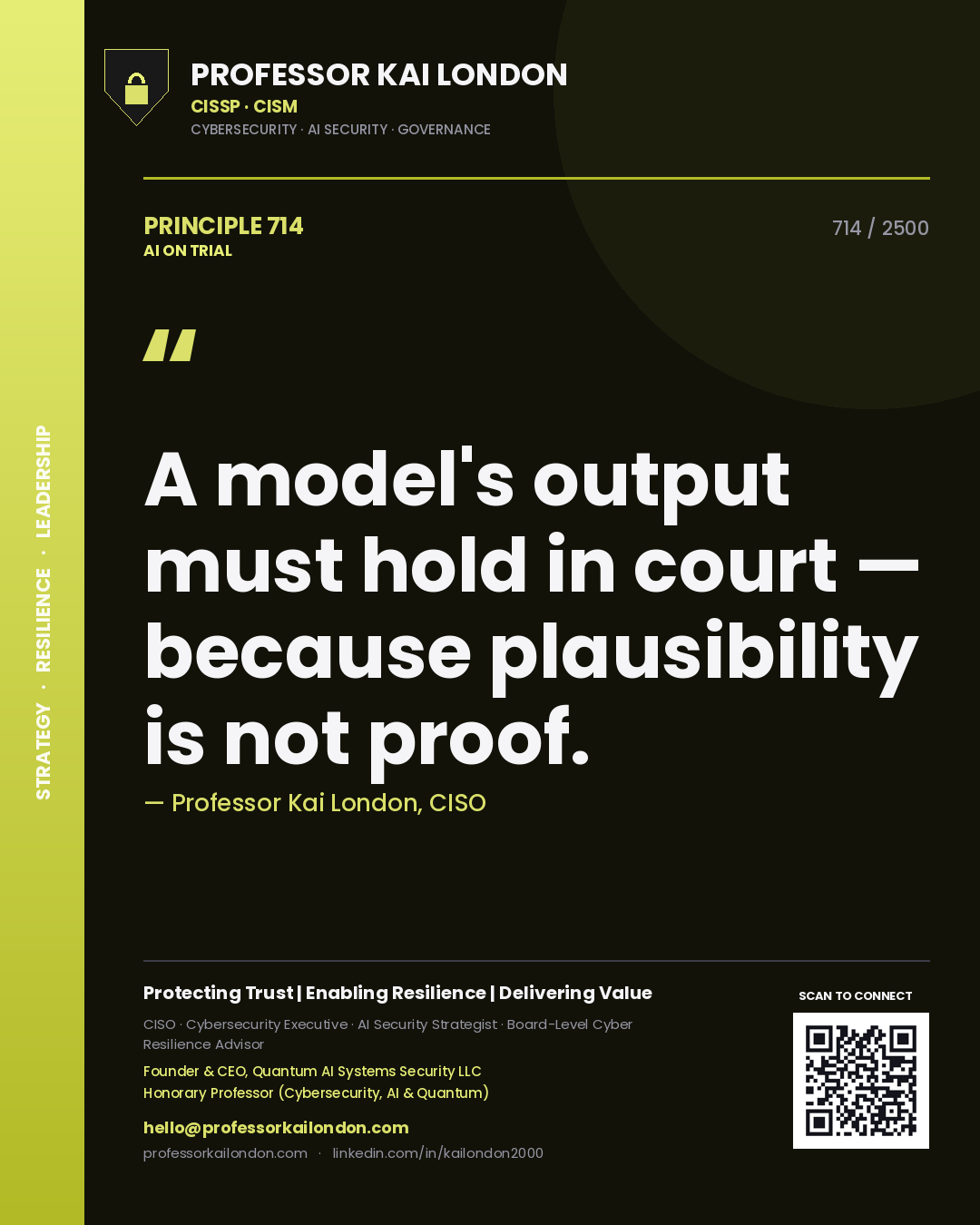 Professor Kai London principle 714: A model's output must hold in court — because plausibility is not proof.