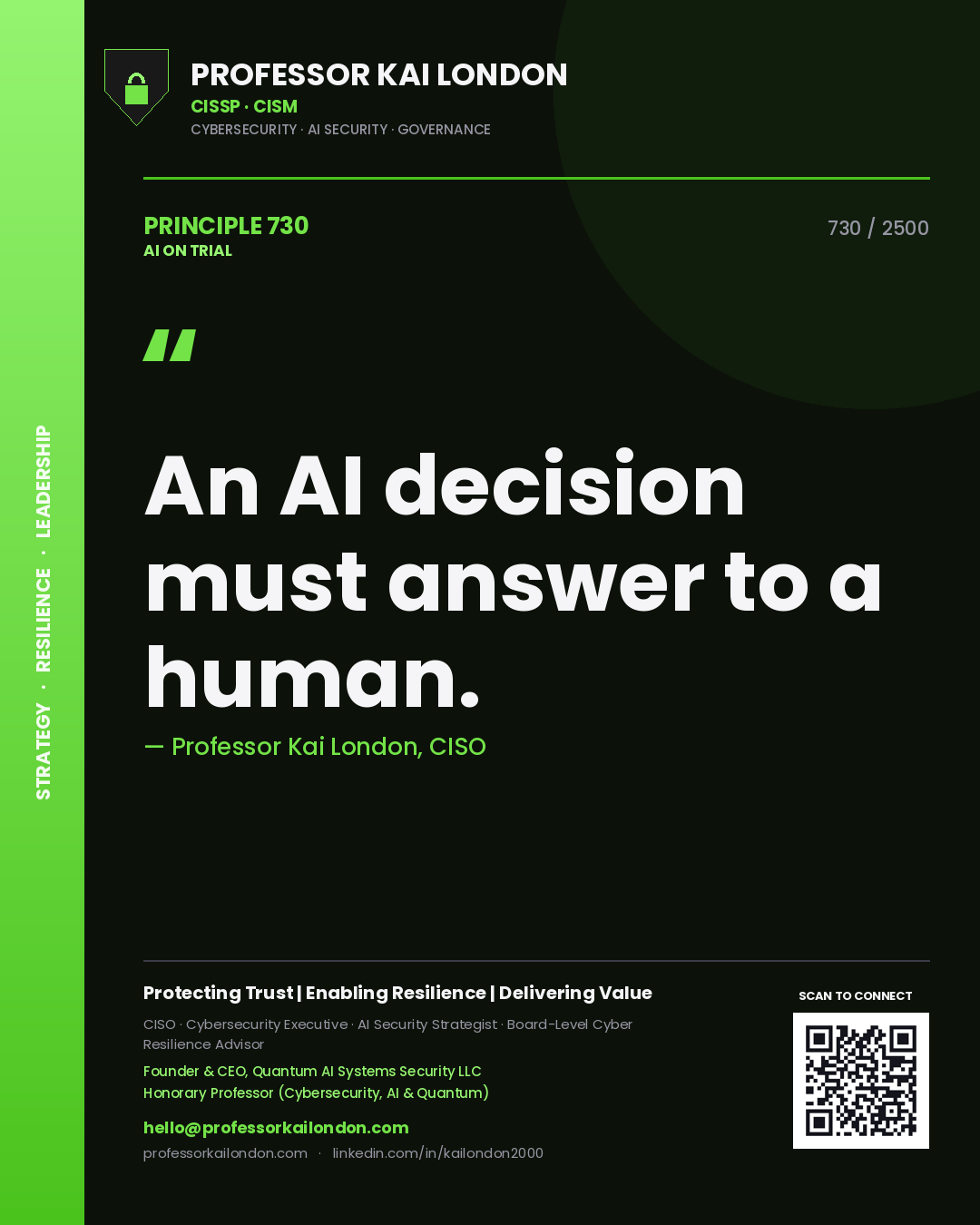 Quote card by Professor Kai London reading 'An AI decision must answer to a human.'. From the book AI on Trial.