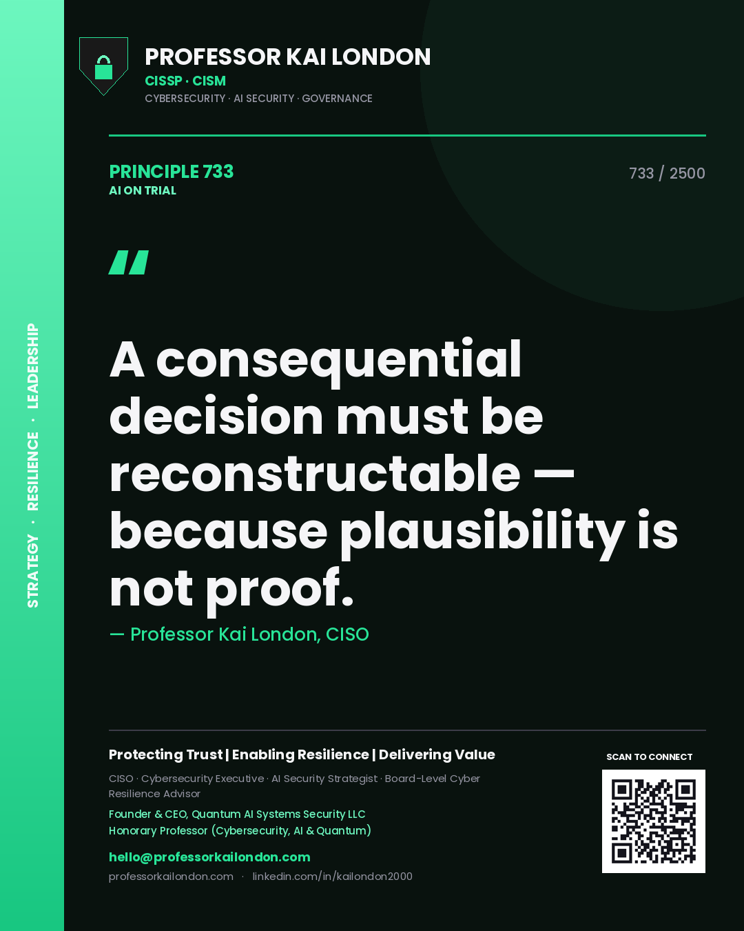 Professor Kai London principle 733: A consequential decision must be reconstructable — because plausibility is not proof.