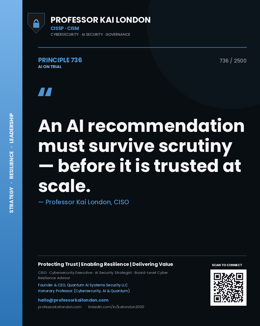 Professor Kai London principle 736: An AI recommendation must survive scrutiny — before it is trusted at scale.