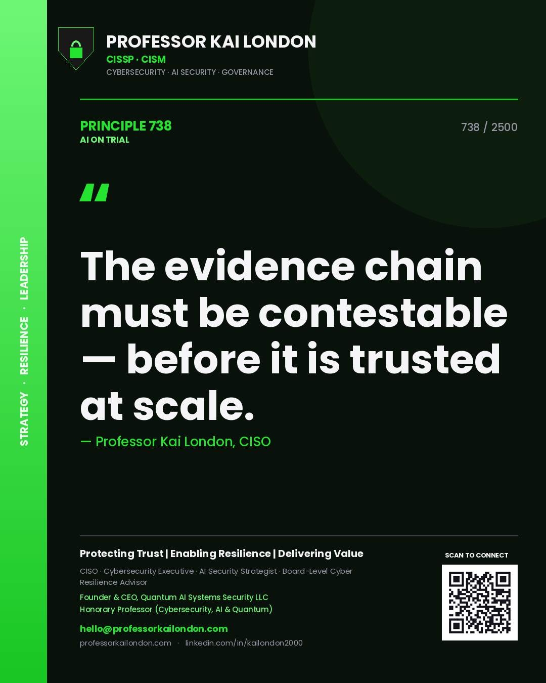 Professor Kai London principle 738: The evidence chain must be contestable — before it is trusted at scale.