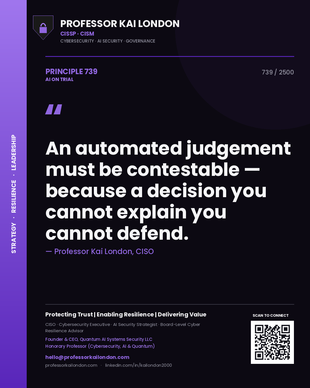 Professor Kai London principle 739: An automated judgement must be contestable — because a decision you cannot explain you cannot defend.