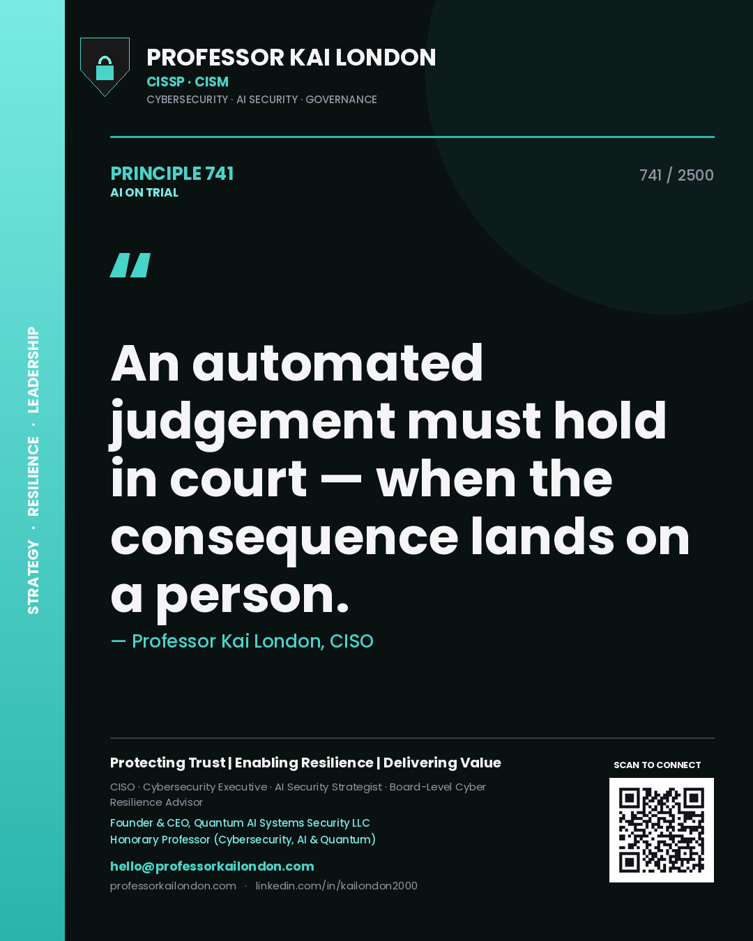 Professor Kai London principle 741: An automated judgement must hold in court — when the consequence lands on a person.