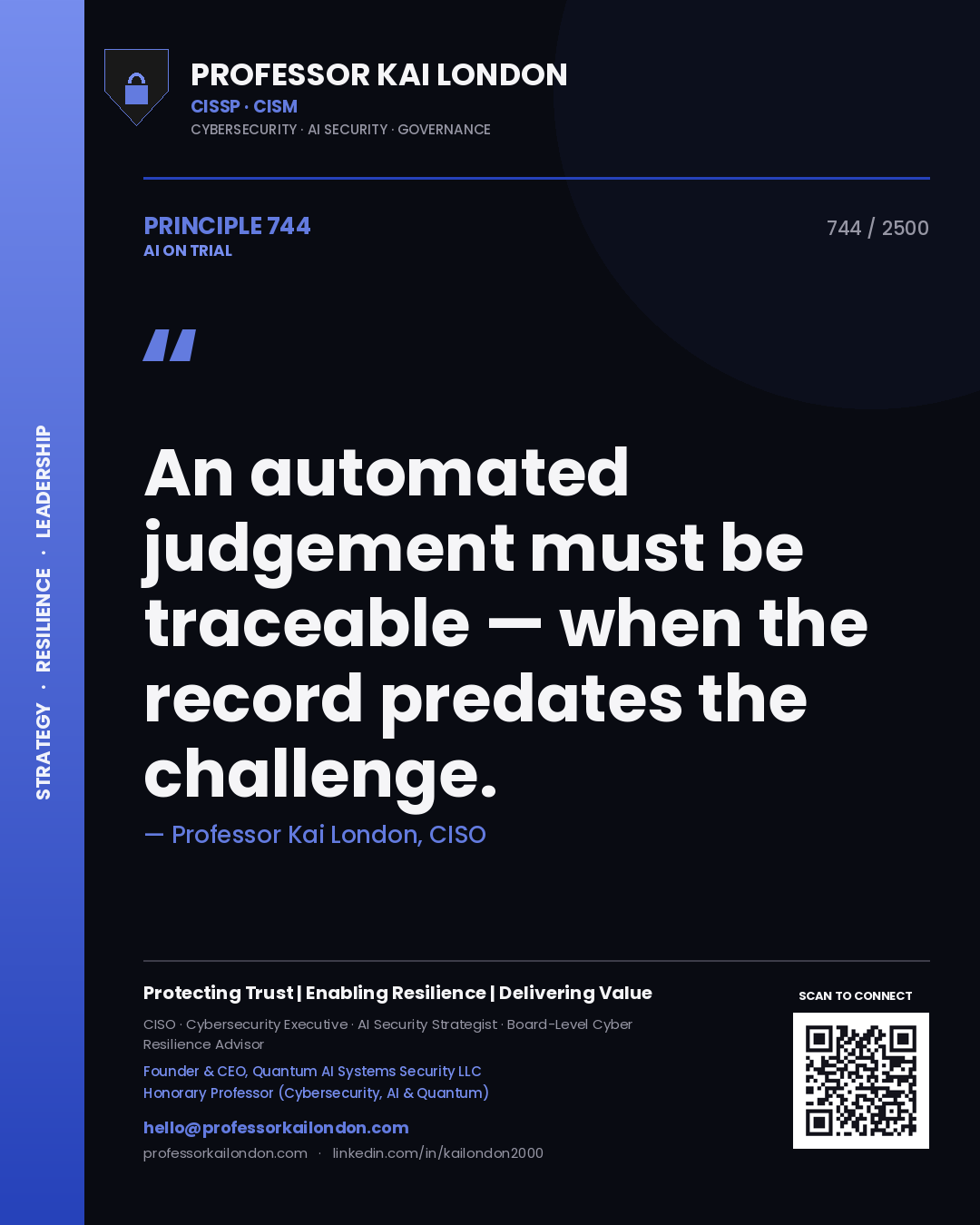 Professor Kai London principle 744: An automated judgement must be traceable — when the record predates the challenge.