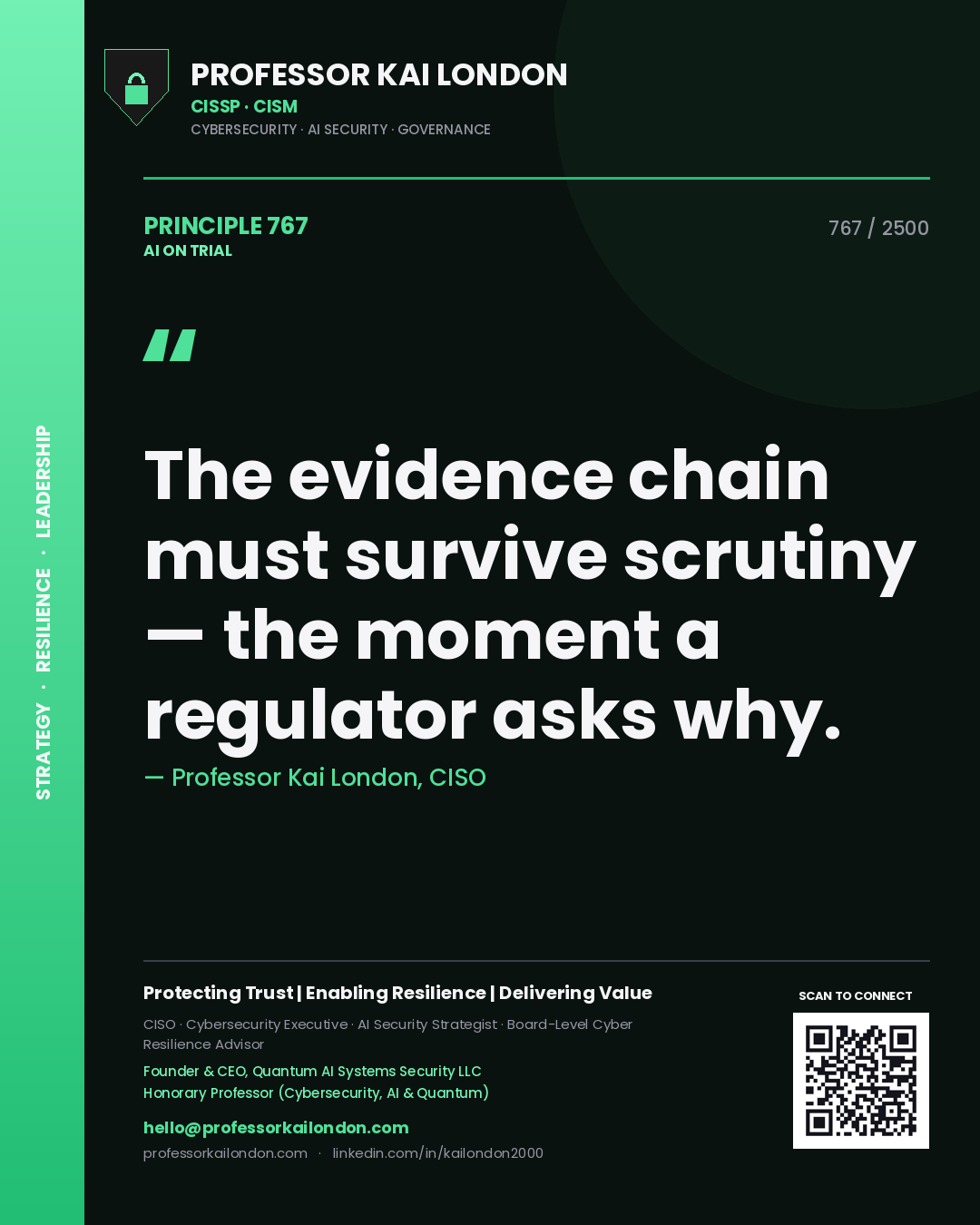 Professor Kai London principle 767: The evidence chain must survive scrutiny — the moment a regulator asks why.