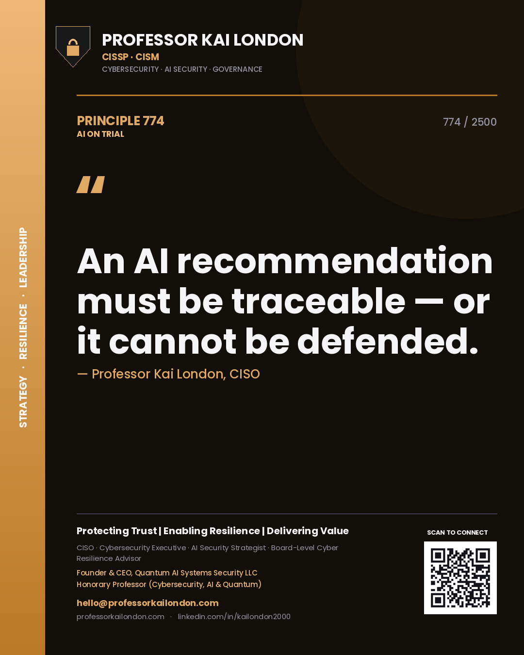 Quote card by Professor Kai London reading 'An AI recommendation must be traceable — or it cannot be defended.'. From the book AI on Trial.