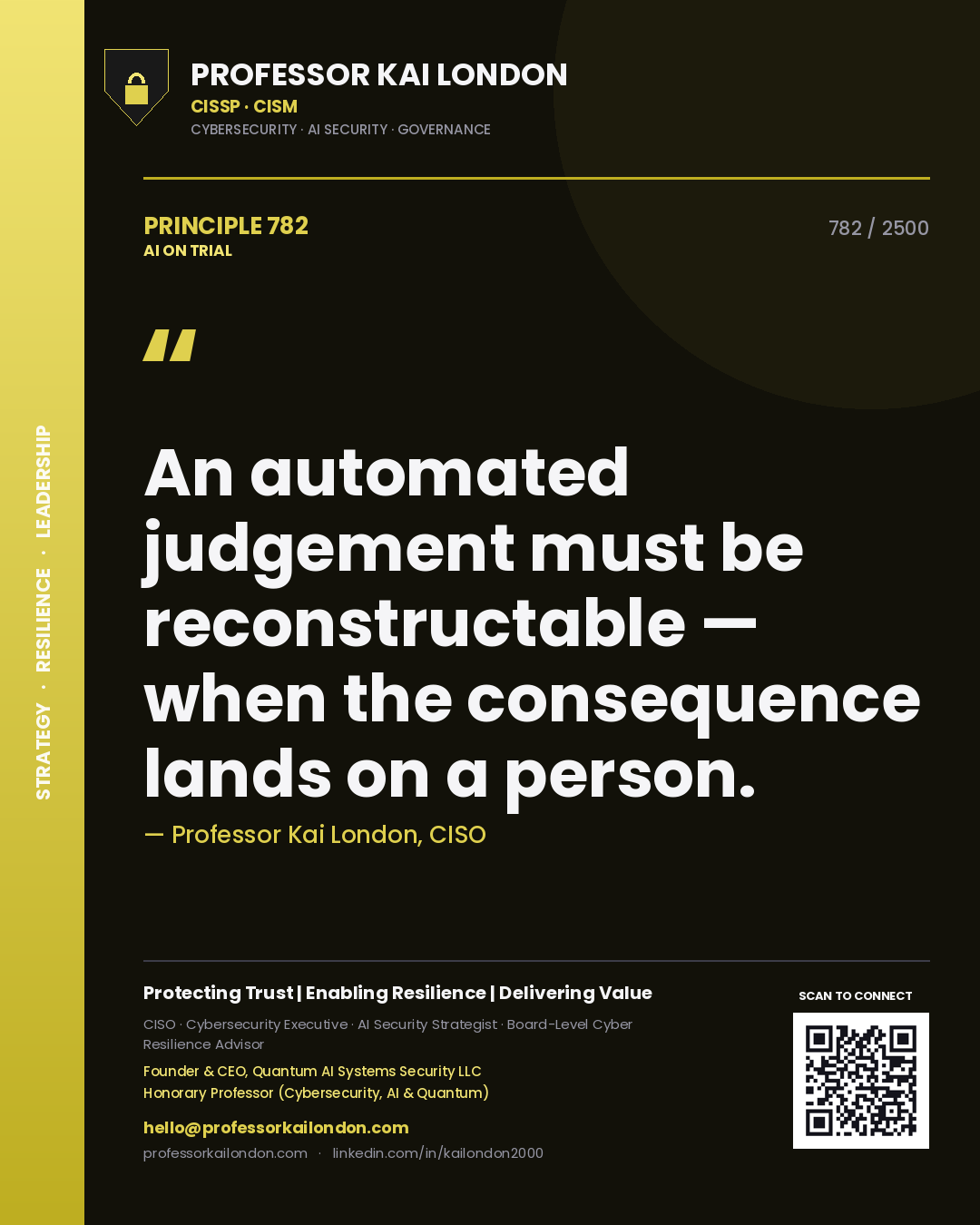Professor Kai London principle 782: An automated judgement must be reconstructable — when the consequence lands on a person.