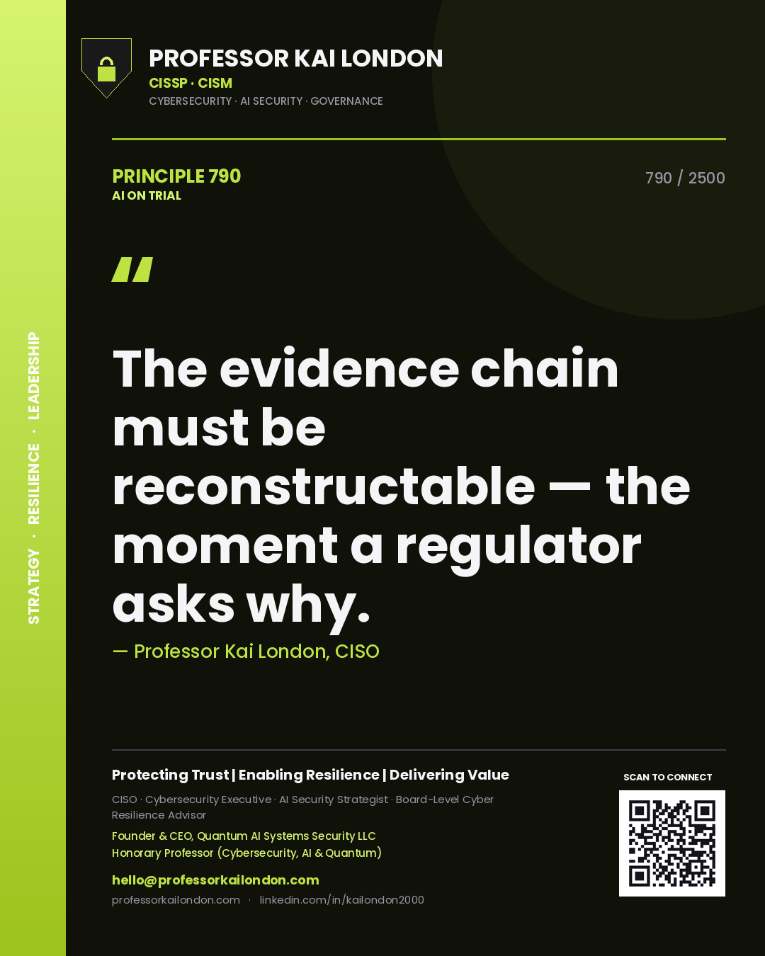 Professor Kai London principle 790: The evidence chain must be reconstructable — the moment a regulator asks why.