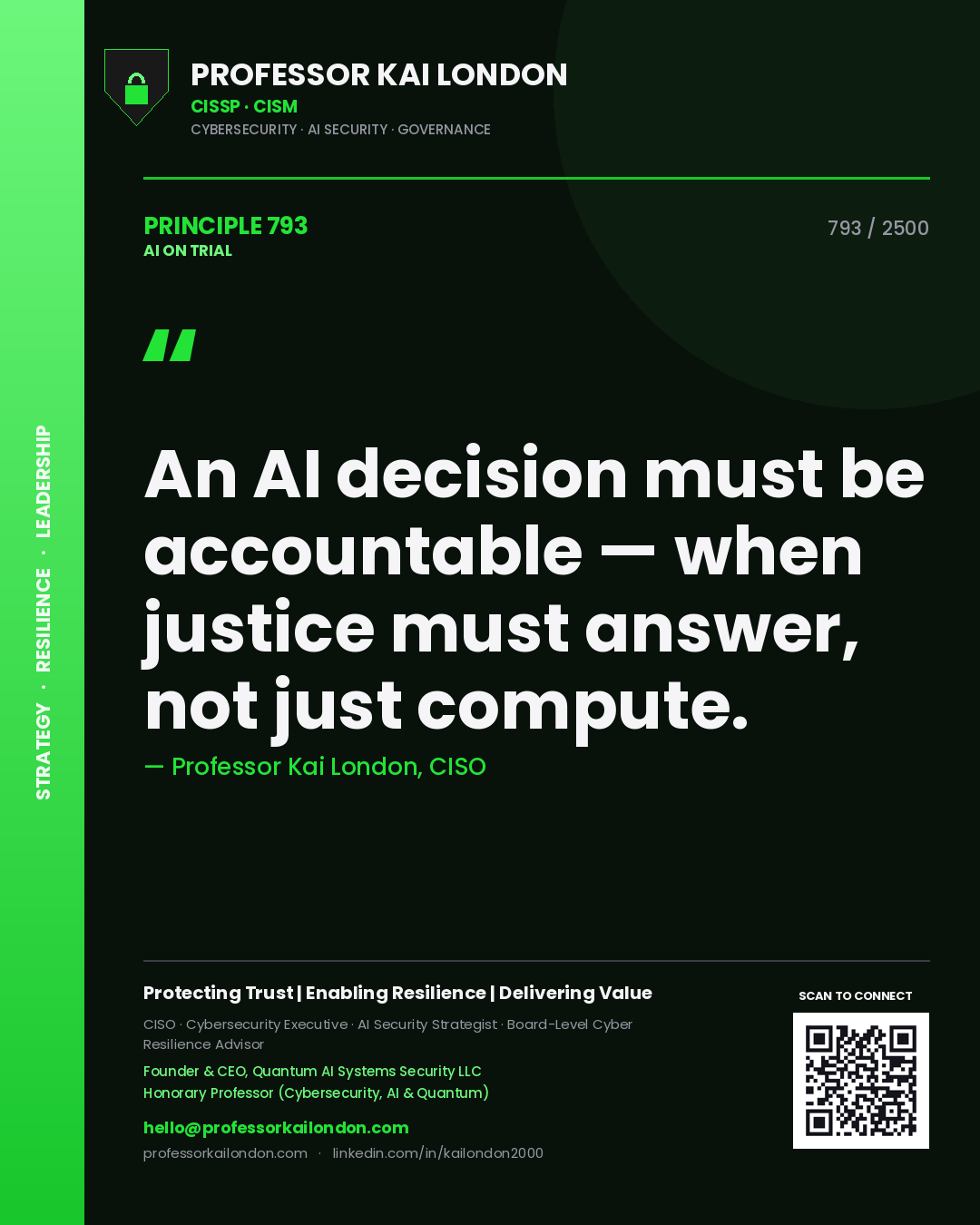 Professor Kai London principle 793: An AI decision must be accountable — when justice must answer, not just compute.