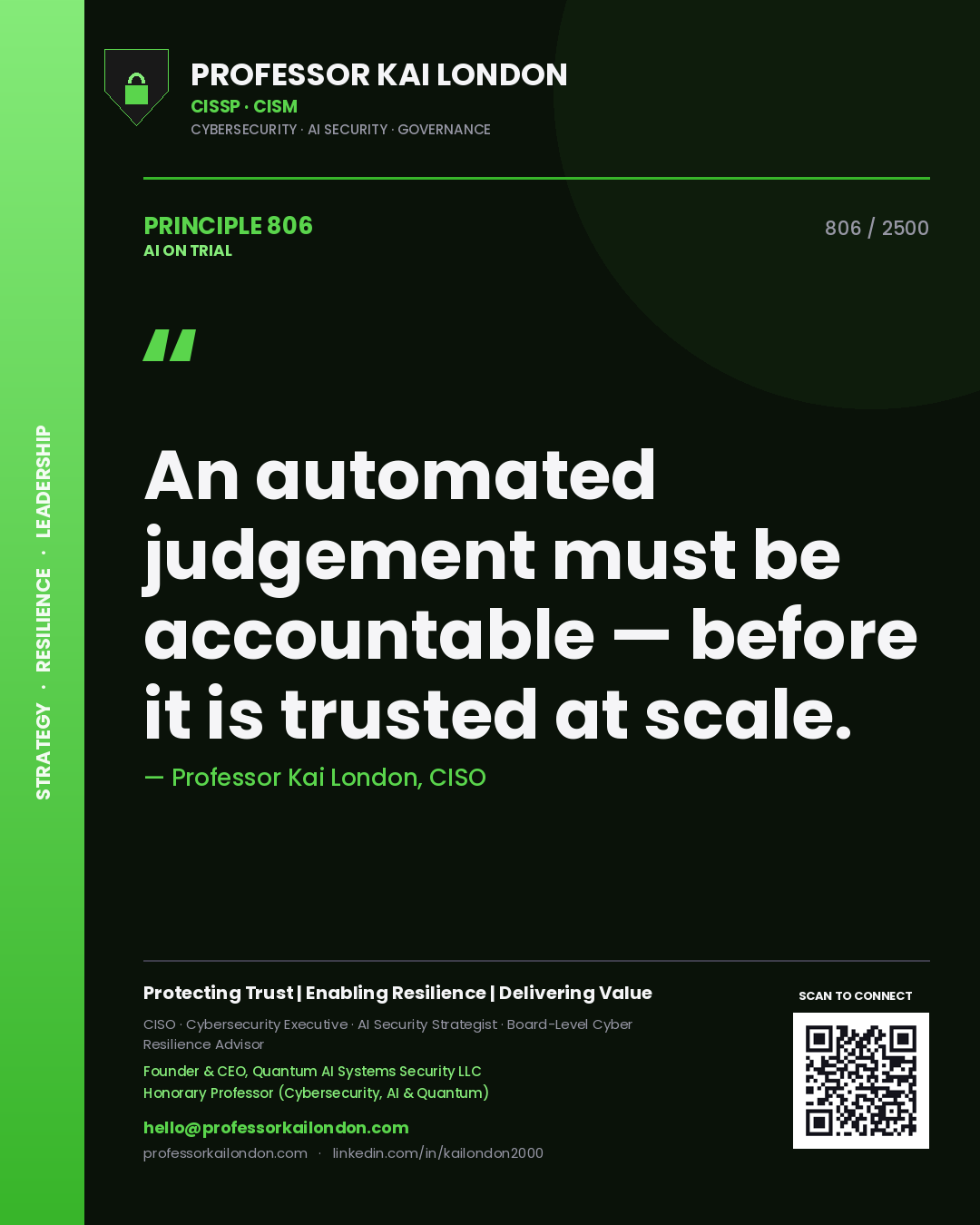 Professor Kai London principle 806: An automated judgement must be accountable — before it is trusted at scale.