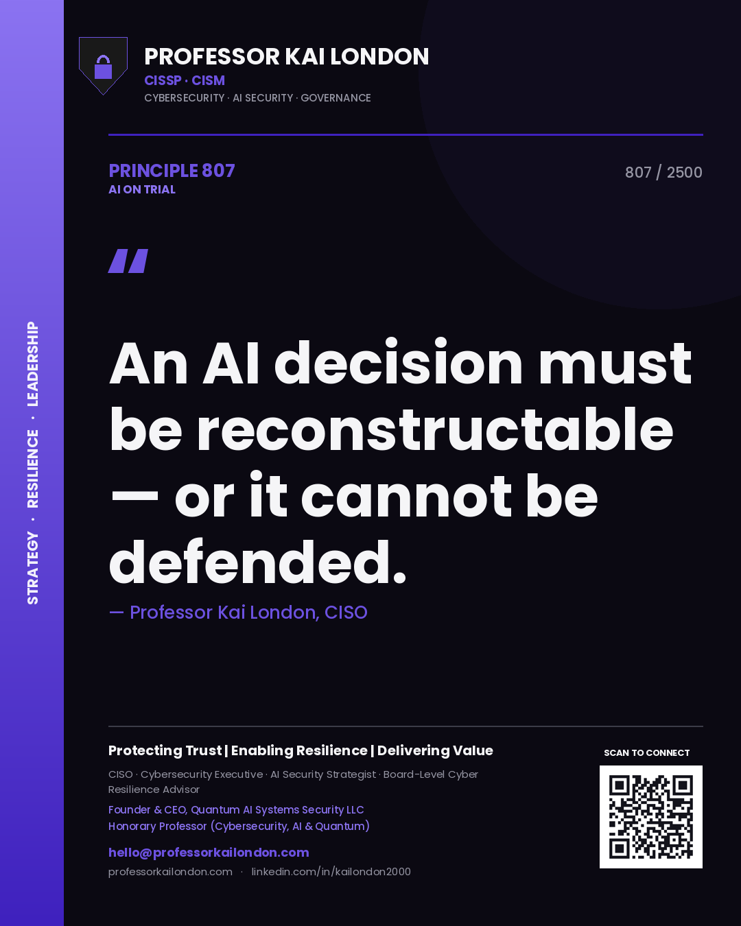 Quote card by Professor Kai London reading 'An AI decision must be reconstructable — or it cannot be defended.'. From the book AI on Trial.