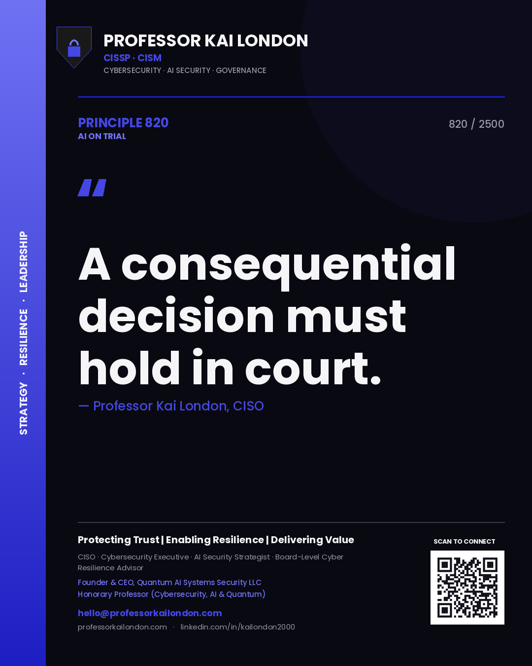 Quote card by Professor Kai London reading 'A consequential decision must hold in court.'. From the book AI on Trial.
