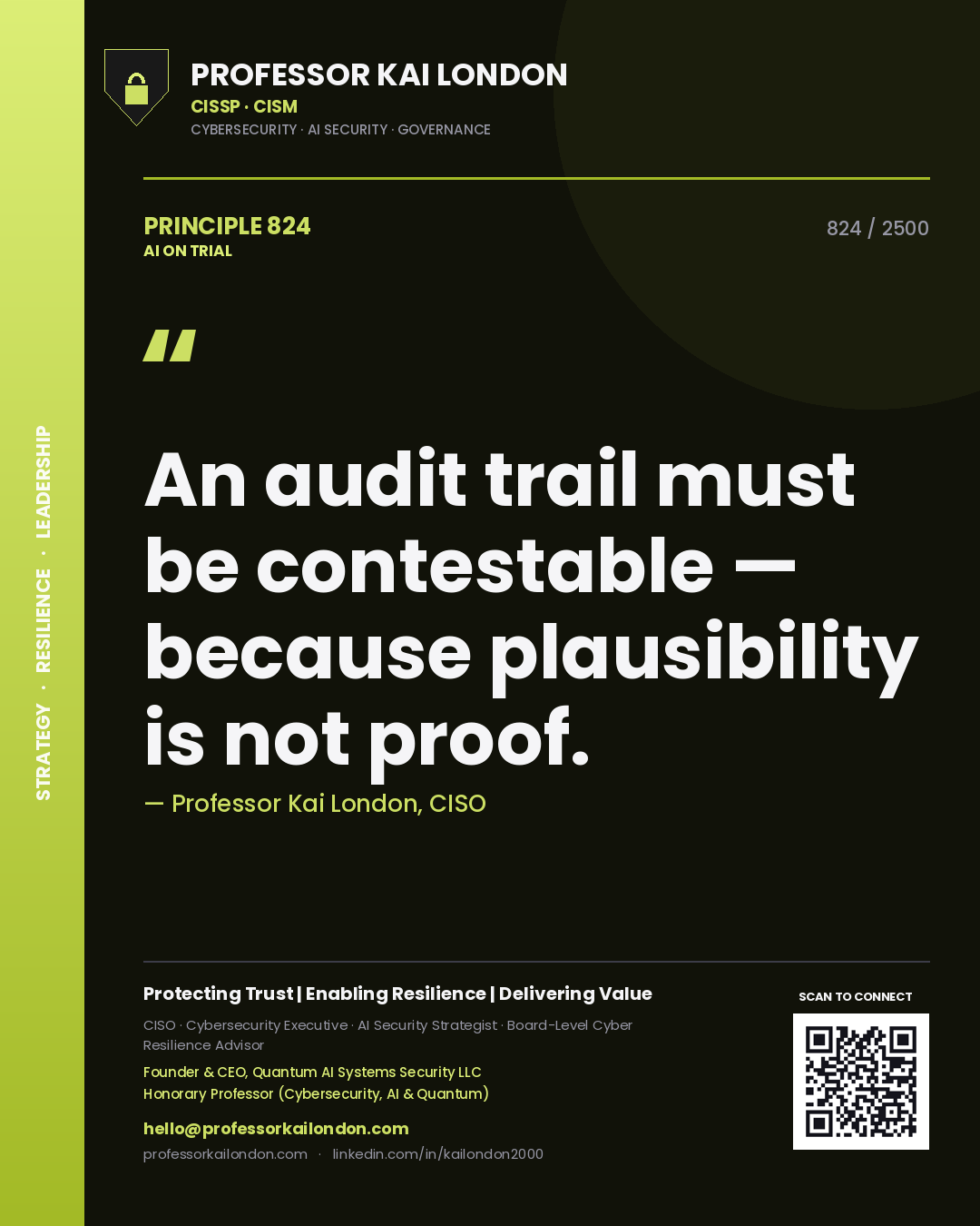 Professor Kai London principle 824: An audit trail must be contestable — because plausibility is not proof.