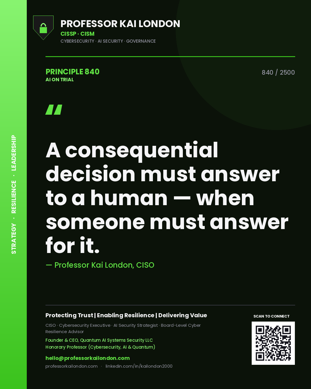 Professor Kai London principle 840: A consequential decision must answer to a human — when someone must answer for it.