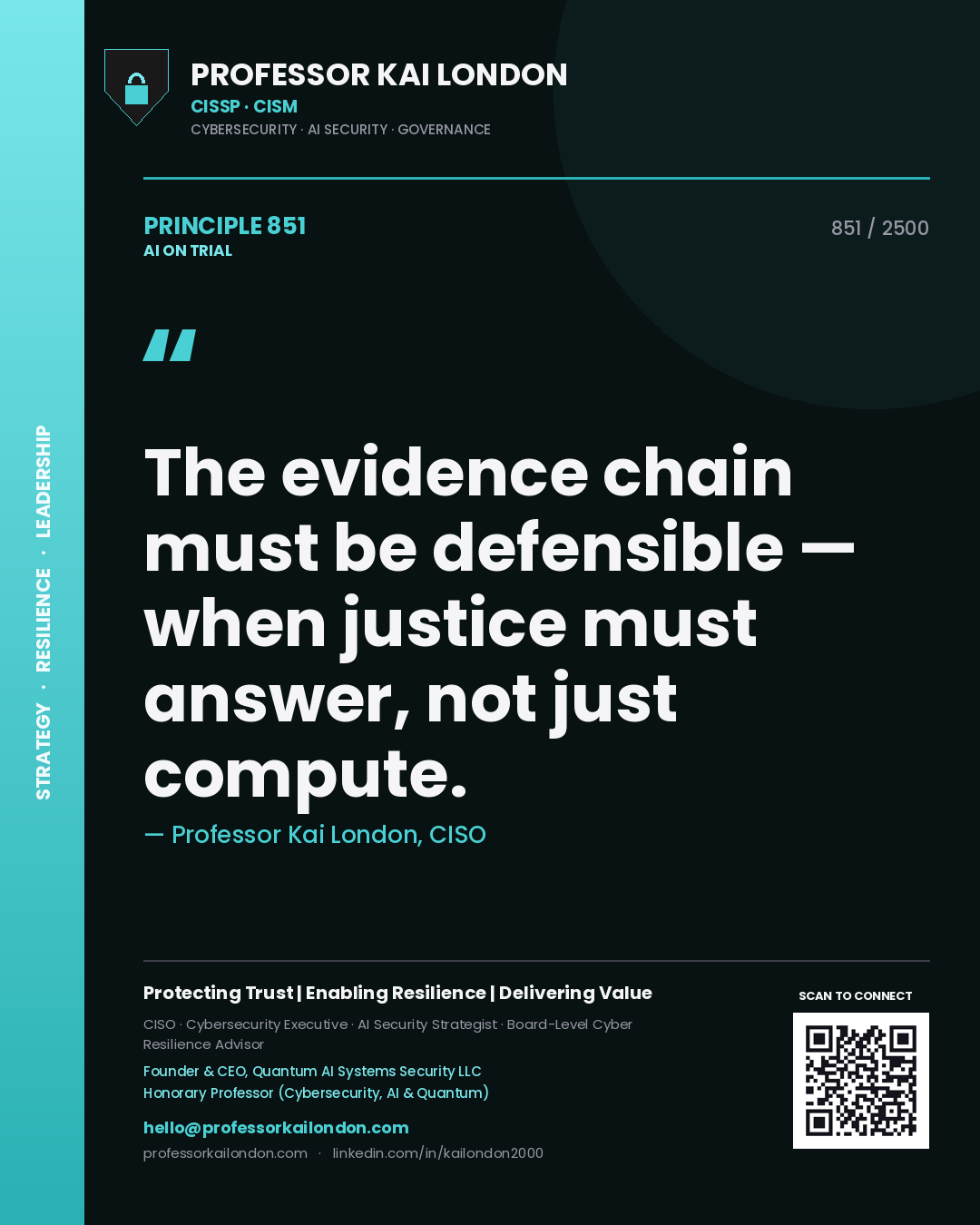 Quote card by Professor Kai London reading 'The evidence chain must be defensible — when justice must answer, not just compute.'. From the book AI on Trial.