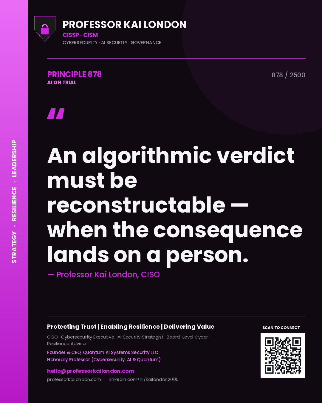 Professor Kai London principle 878: An algorithmic verdict must be reconstructable — when the consequence lands on a person.