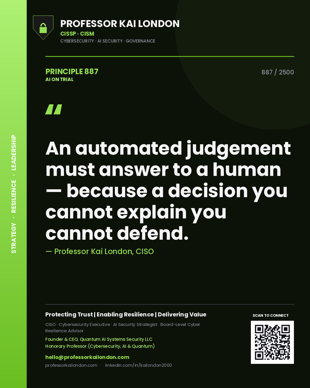 Quote card by Professor Kai London reading 'An automated judgement must answer to a human — because a decision you cannot explain you cannot defend.'. From the book AI on Trial.